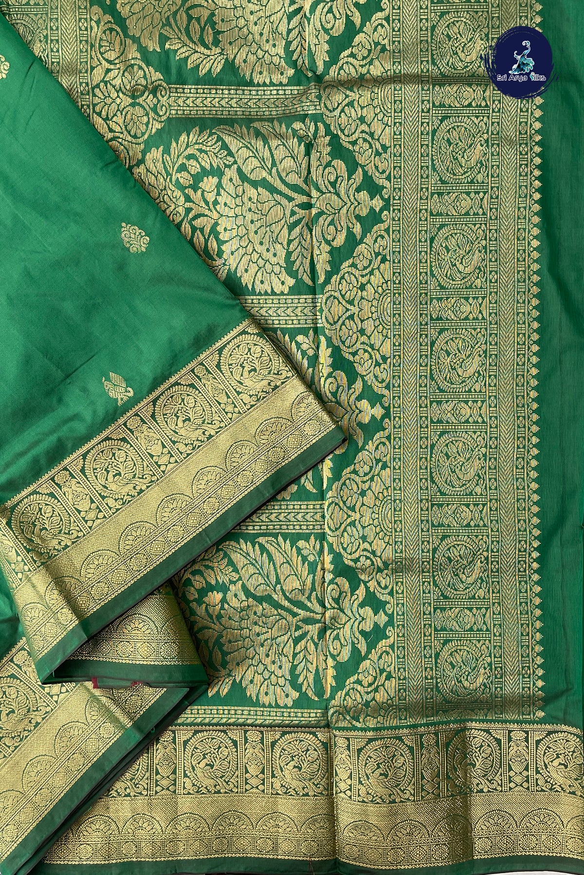 Dark Green 10 Yards Semi Silk With Zari Buttas Pattern