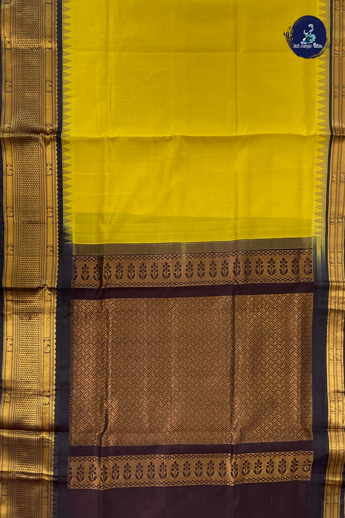 Yellow Kuppadam Silk Cotton Saree With Plain Pattern