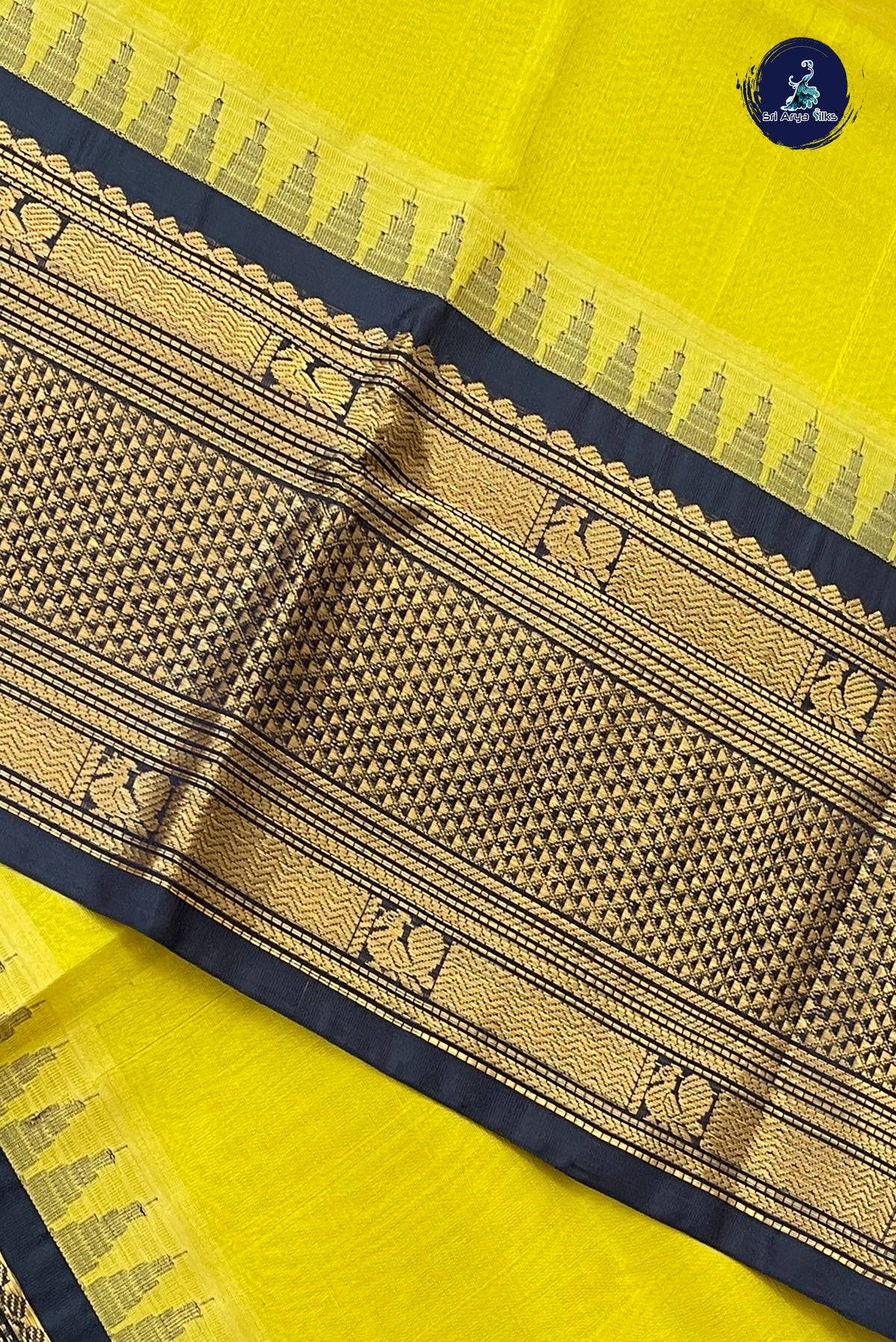 Yellow Kuppadam Silk Cotton Saree With Plain Pattern