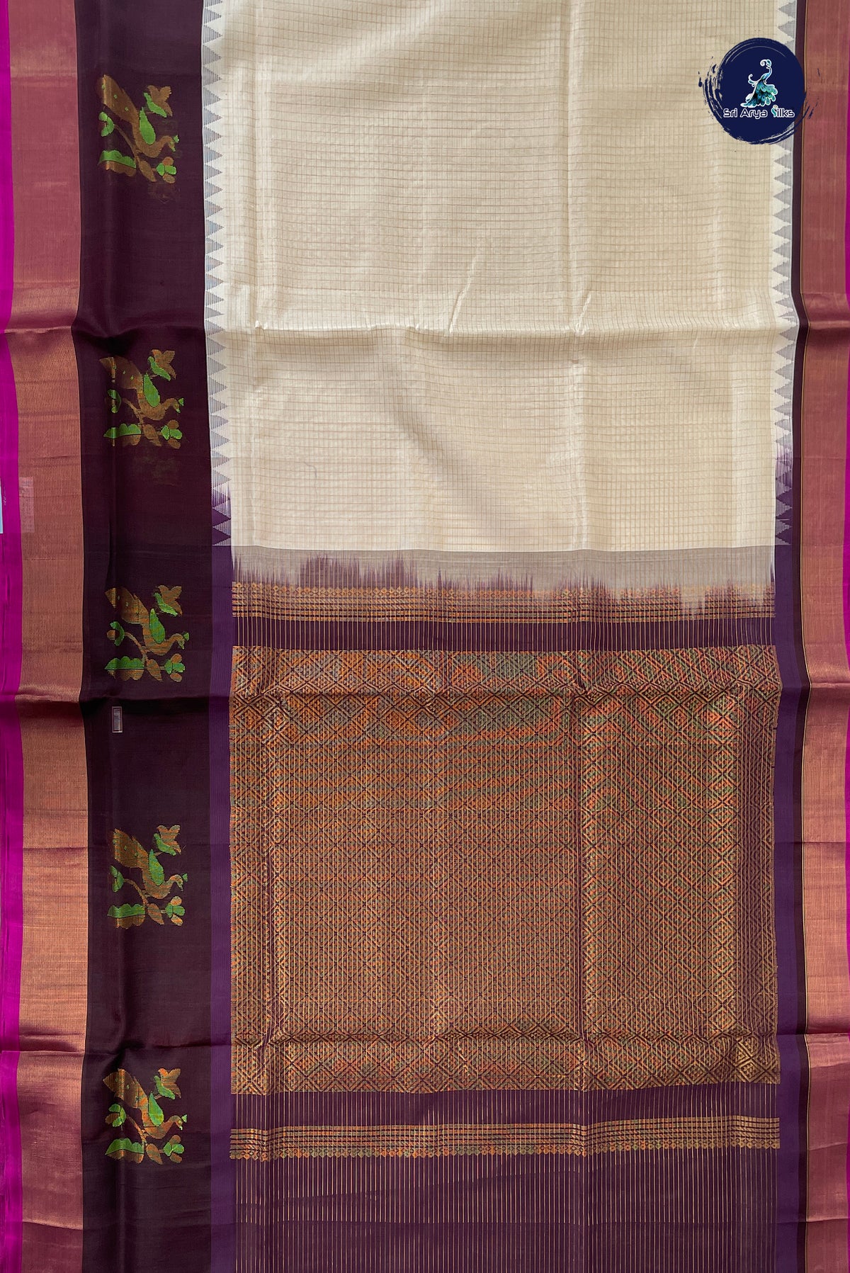 Off White Kuppadam Silk Cotton Saree With Zari Checked Pattern