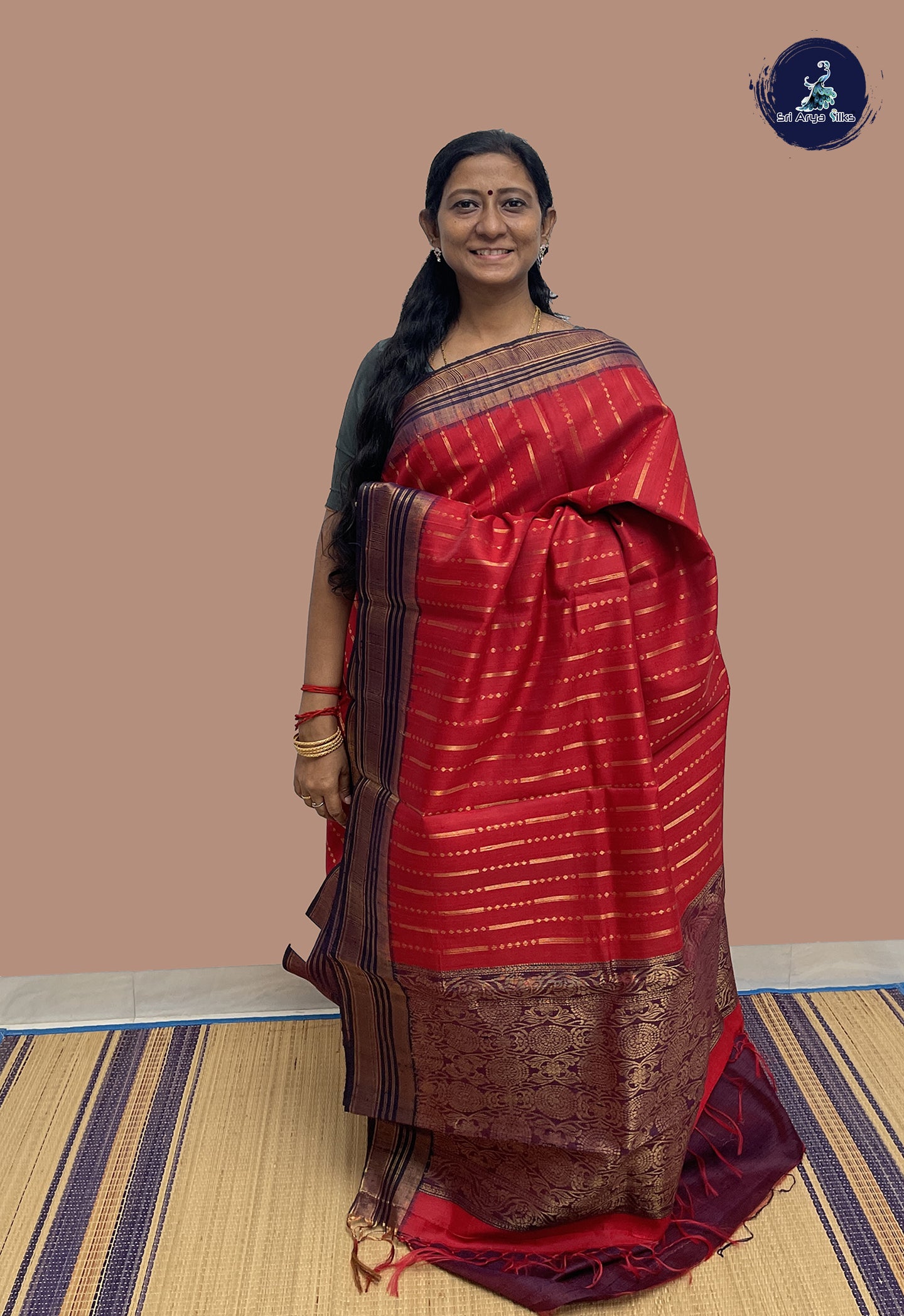 Tomato Red Raw Silk Saree With Stripes Pattern