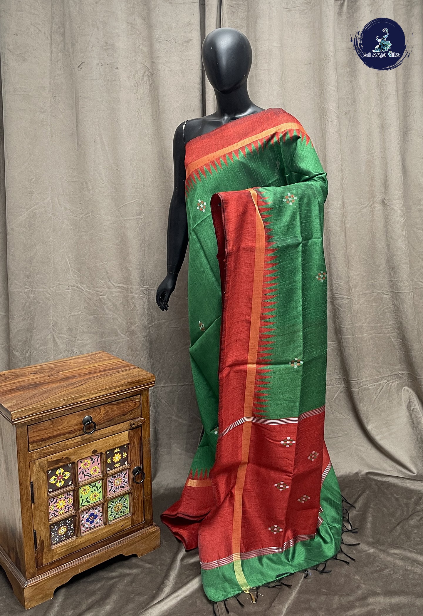 Dark Green Raw Silk Saree With Buttas Pattern