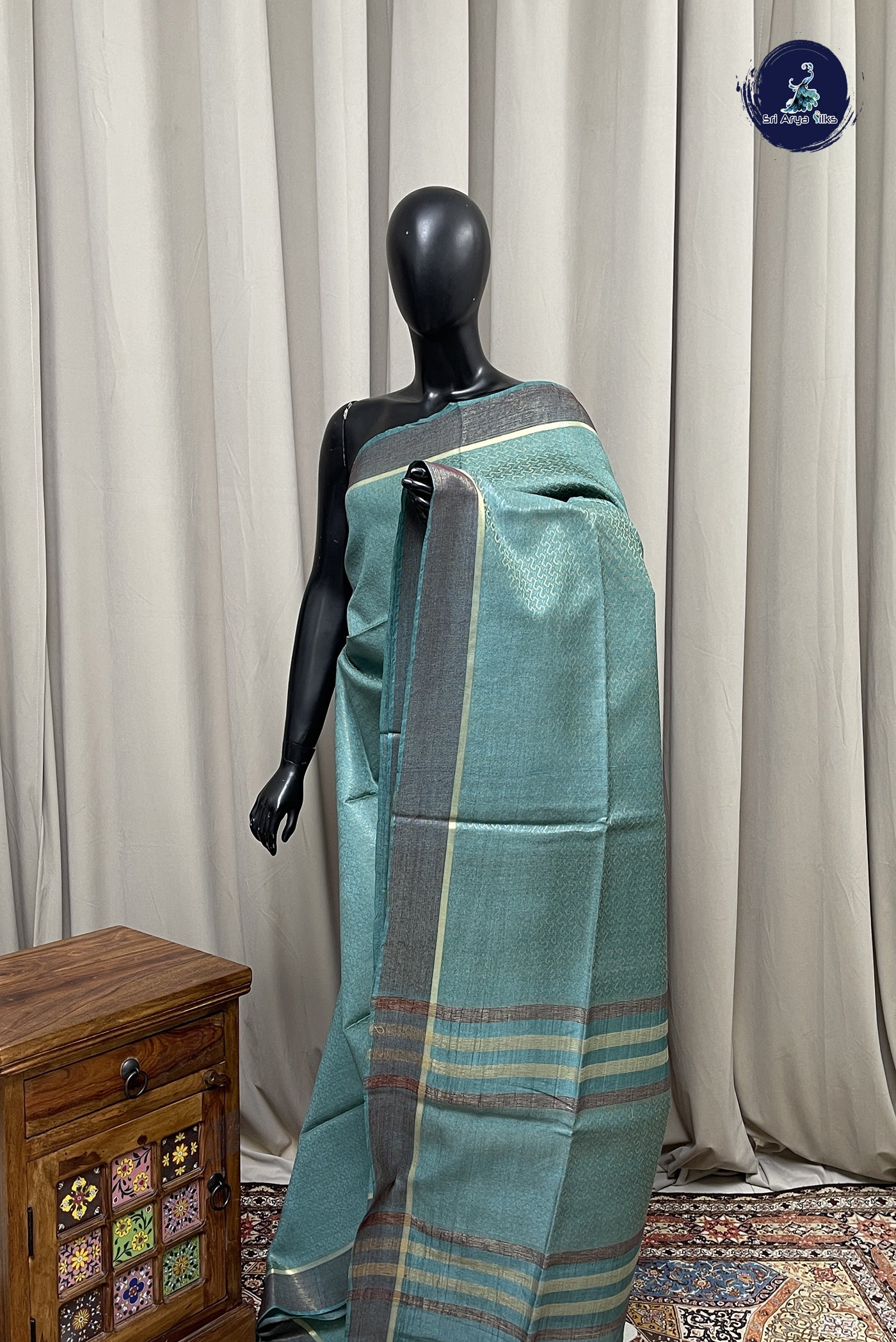 Teal Blue Tussar Saree With Zari Woven Pattern