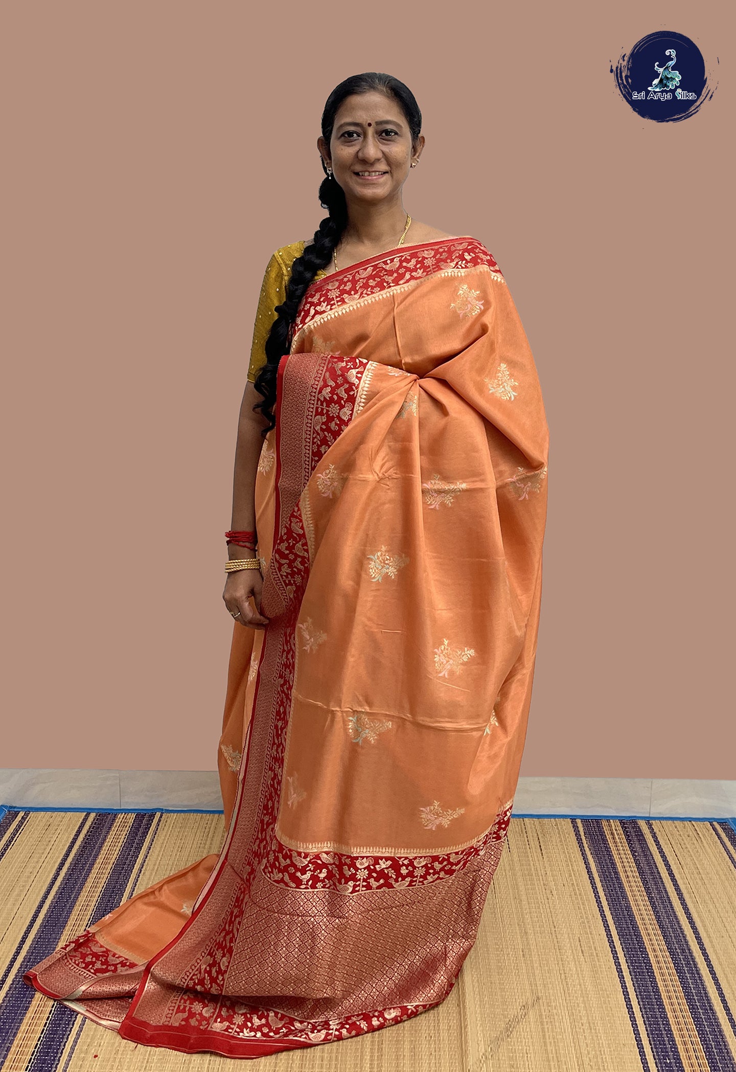 Peach Banarasi Silk Saree With Zari Buttas Pattern