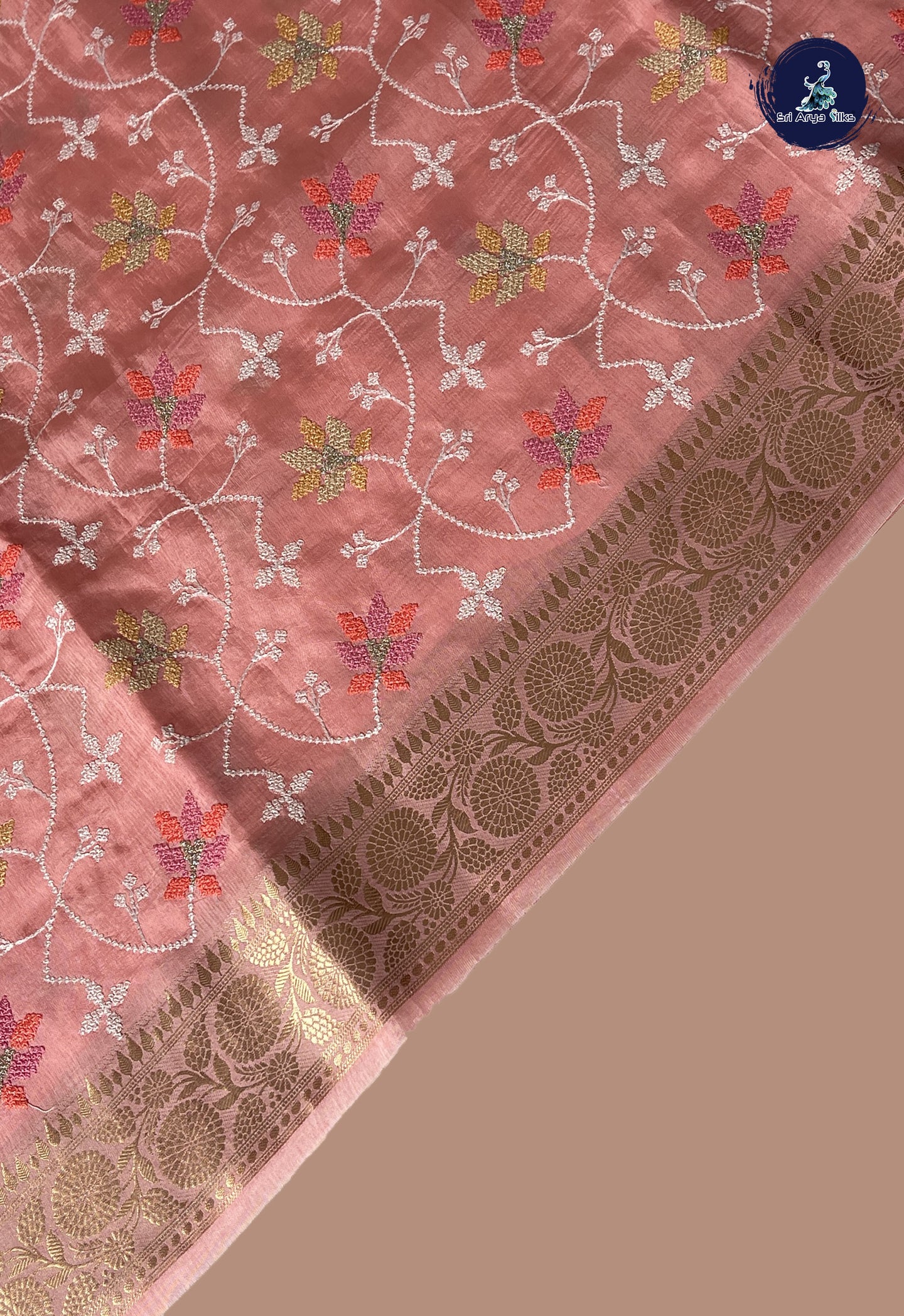 Peach Banarasi Silk Saree With Embroidery Pattern