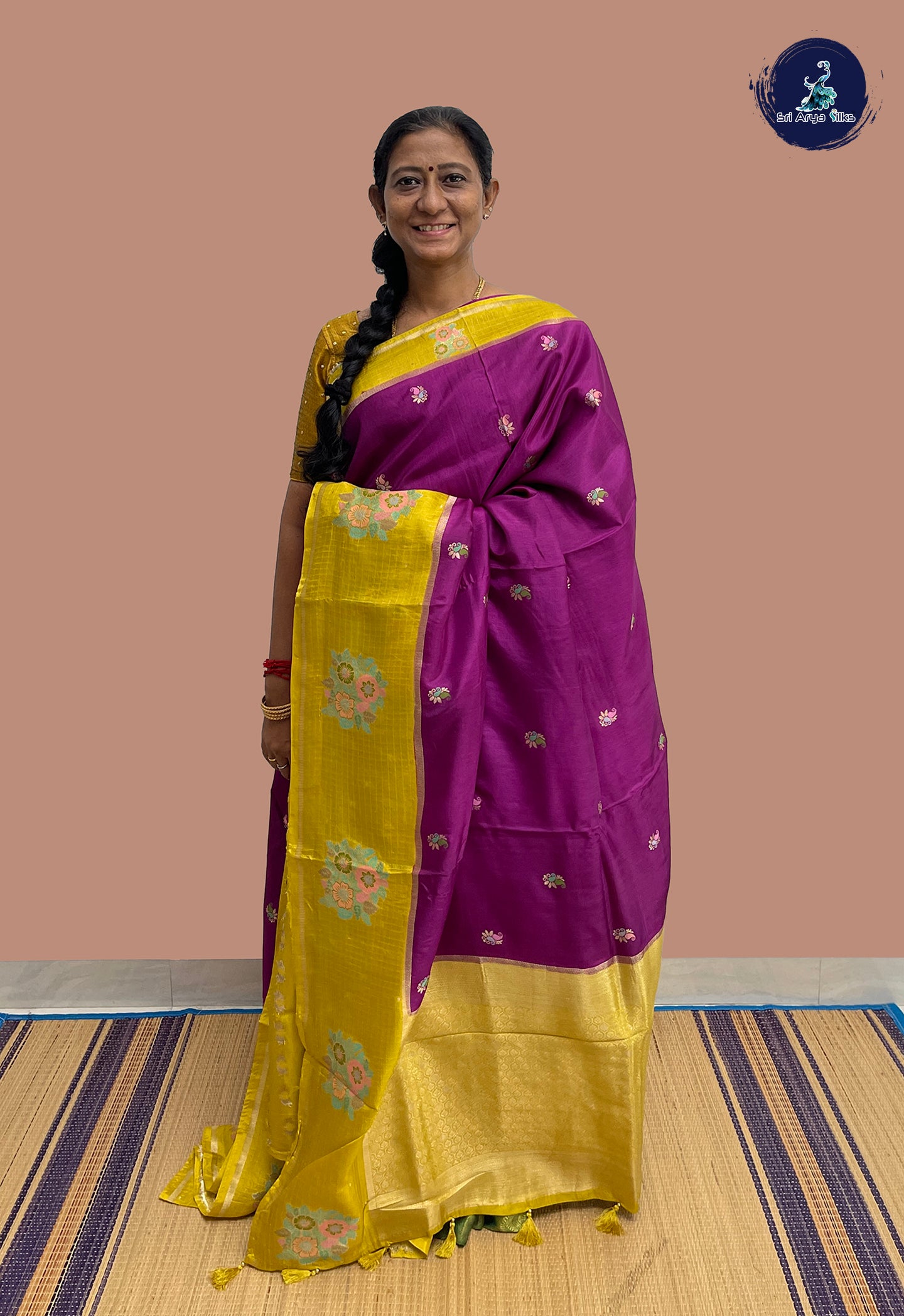 Dark Brinjal Banarasi Silk Saree With Meenakari Work Pattern