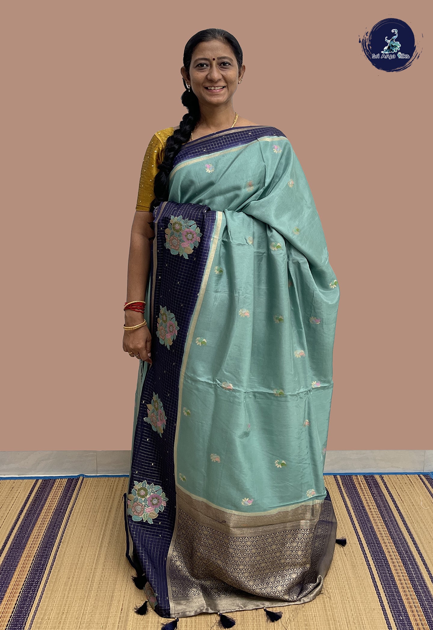 Greyish Blue Banarasi Silk Saree With Meenakari Work Pattern