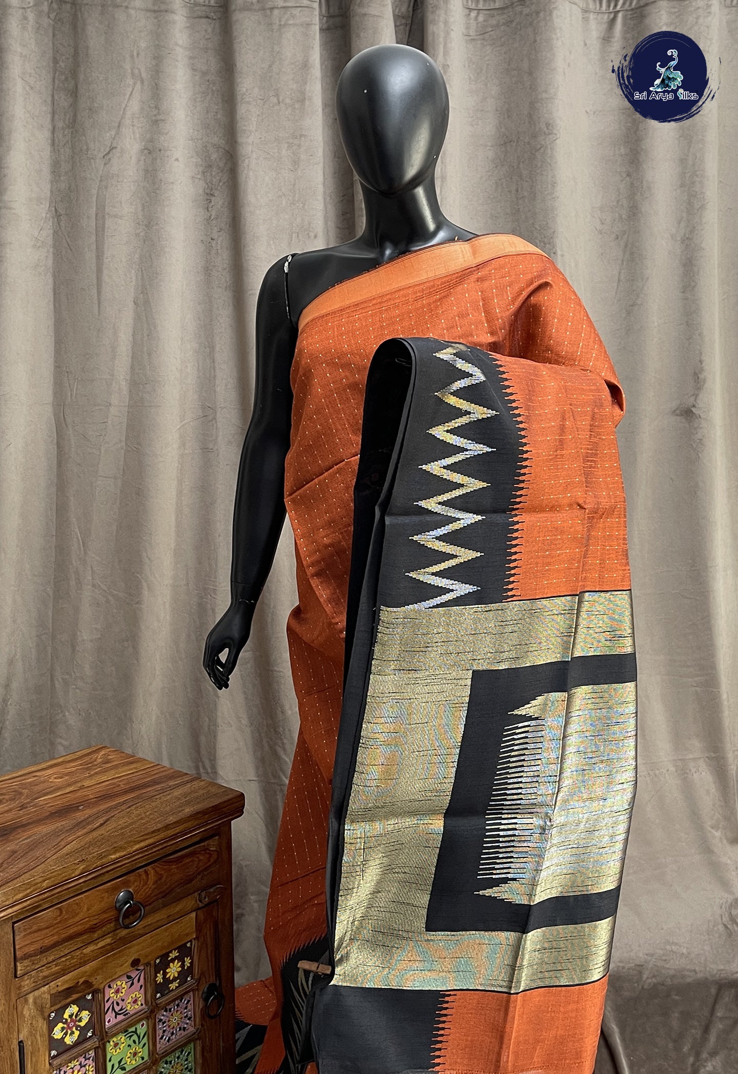 Rust Raw Silk Saree With Stripes Pattern