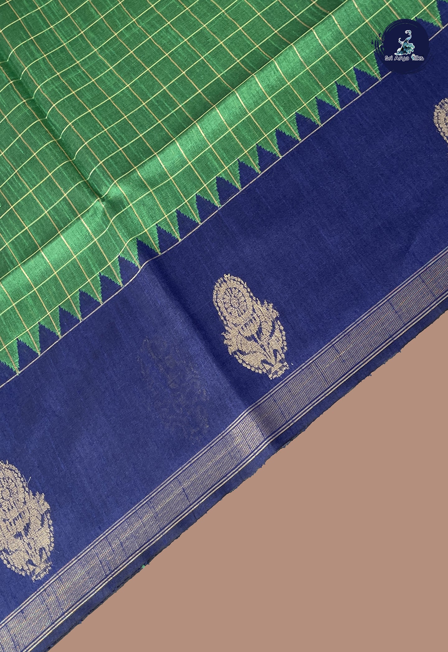 Dark Green Raw Silk Saree With Zari Checked Pattern