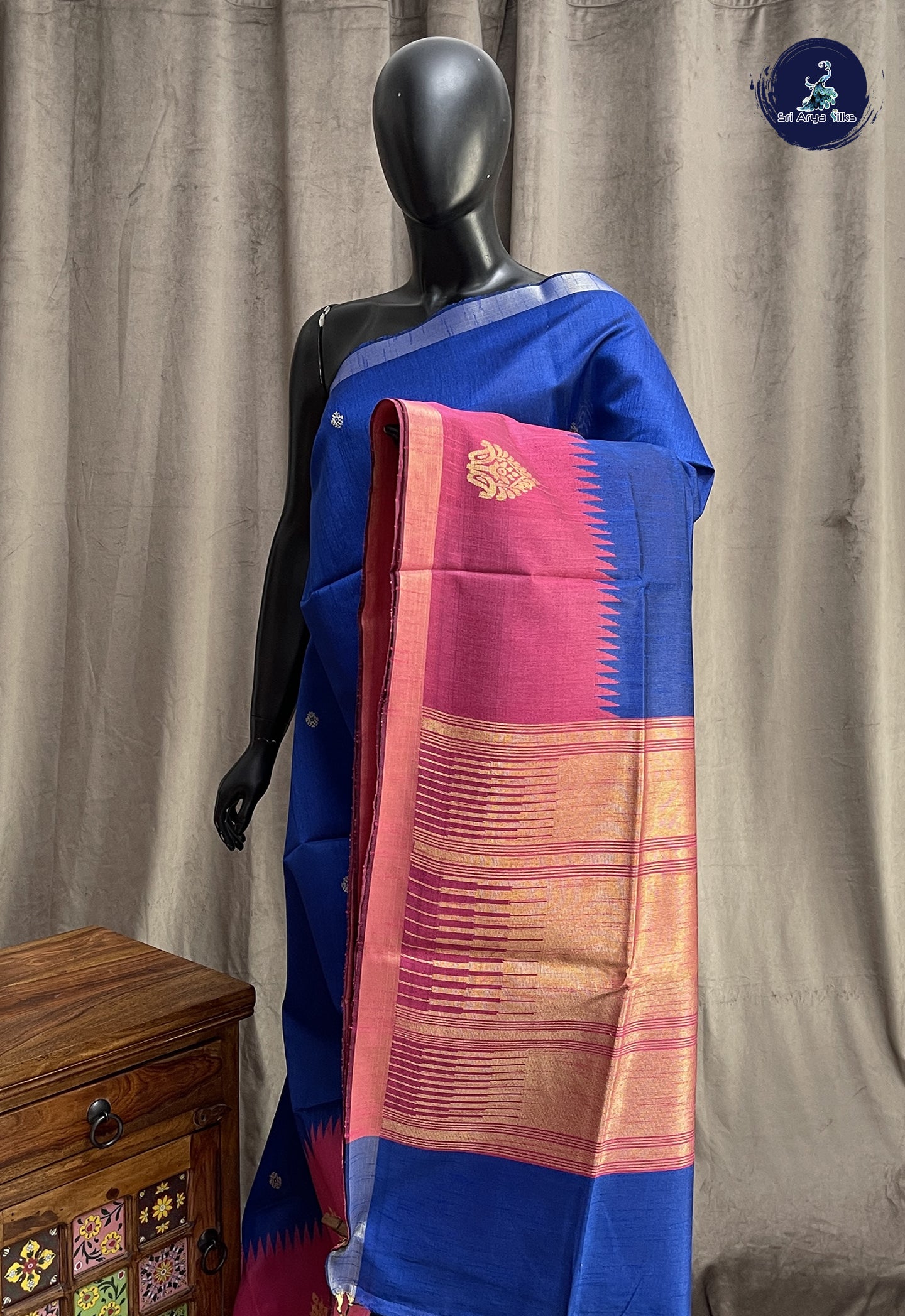 Dark Blue Raw Silk Saree With Zari Buttas Pattern