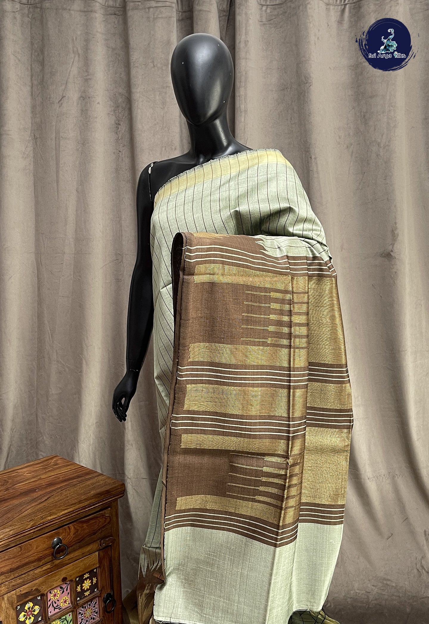 Pastel Green Raw Silk Saree With Stripes Pattern