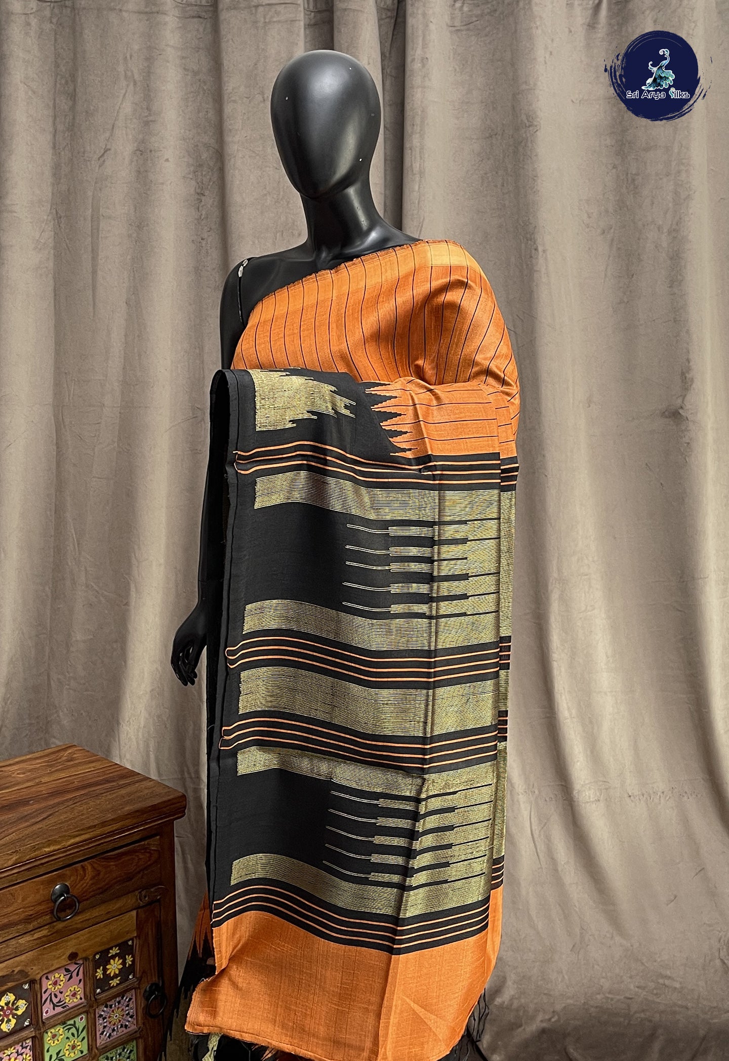 Orange Raw Silk Saree With Stripes Pattern