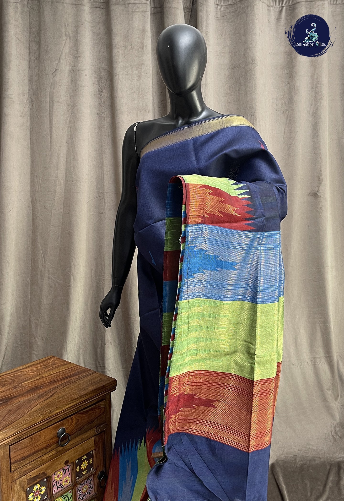 Navy Blue Raw Silk Saree With Buttas Pattern