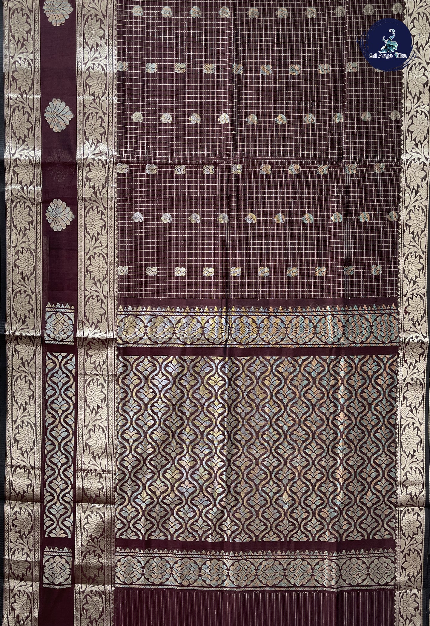 Coffee Brown Mangalgiri Silk Cotton With Zari Checked Pattern
