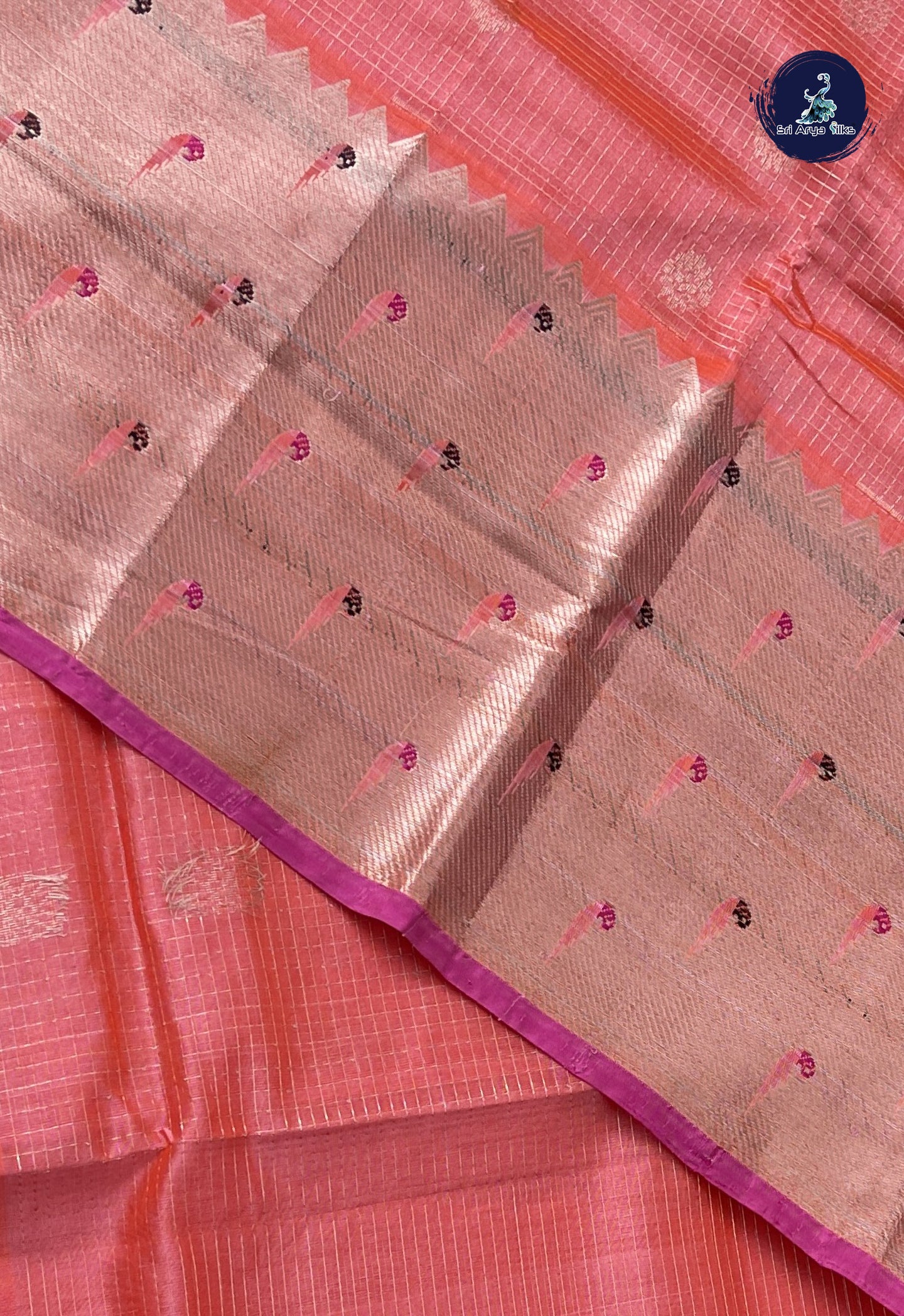 Orange Mangalgiri Silk Cotton With Zari Checked Pattern