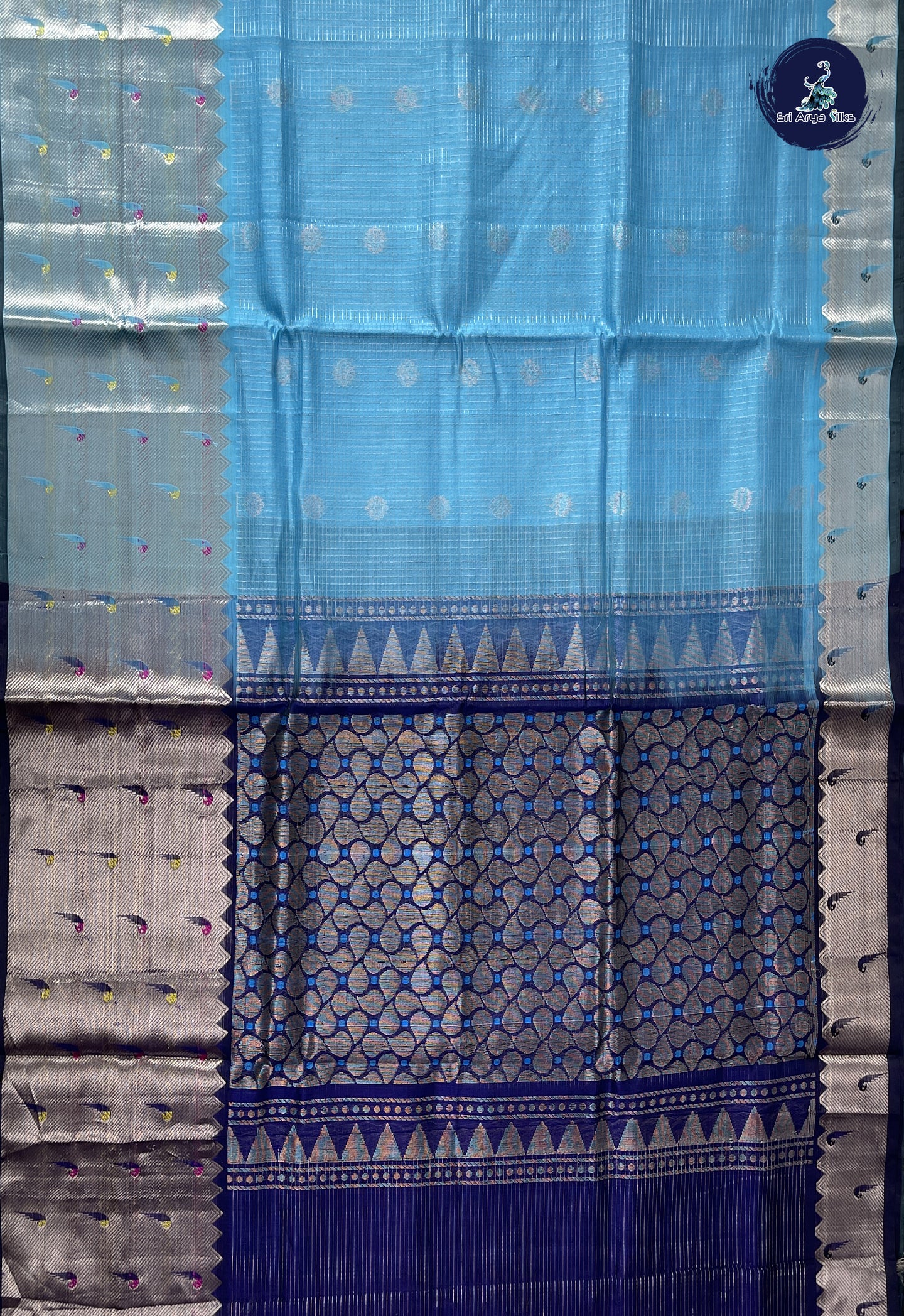 Light Blue Mangalgiri Silk Cotton With Zari Checked Pattern