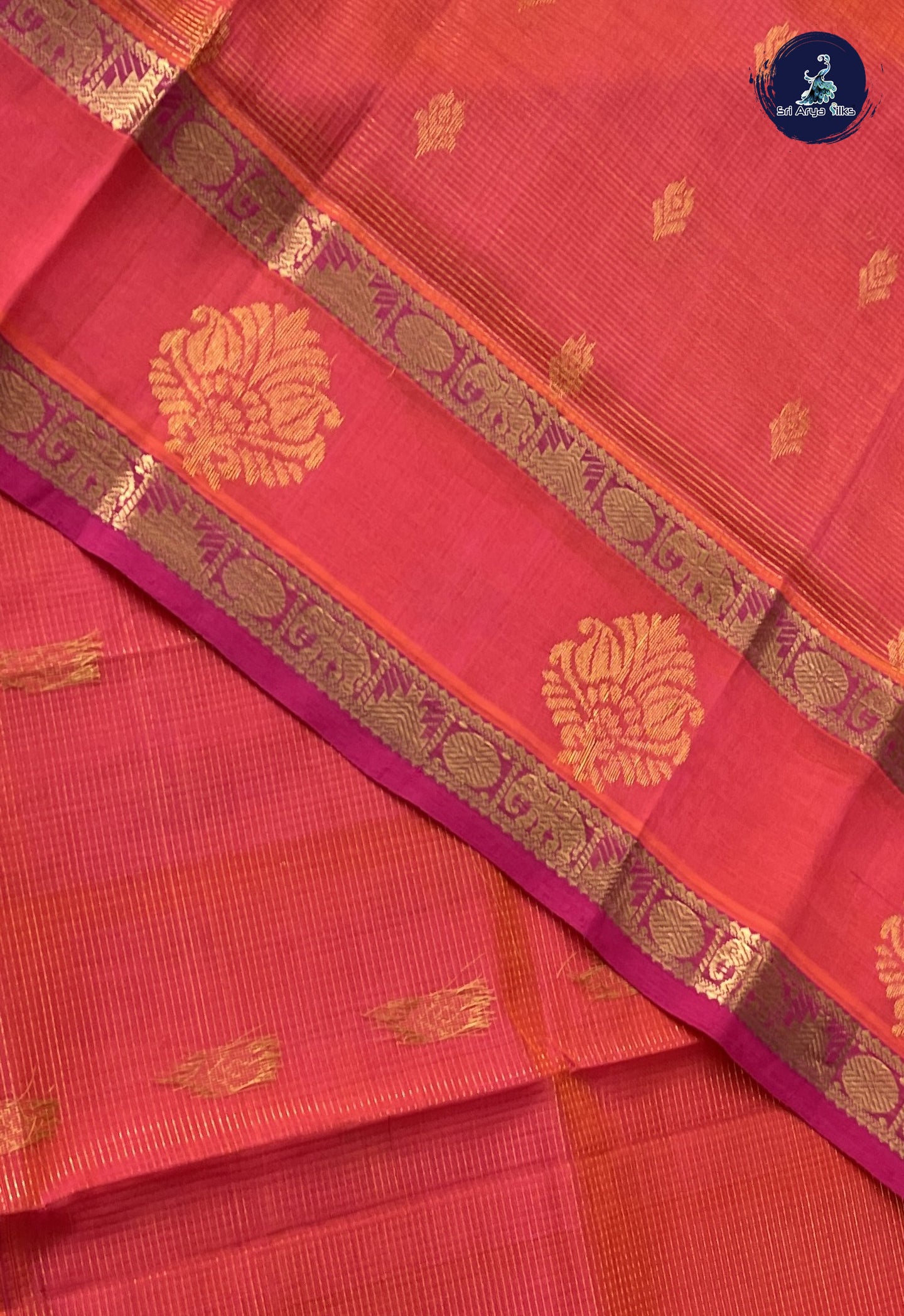 Pinkish Orange Mangalgiri Silk Cotton With Vaira Oosi Pattern