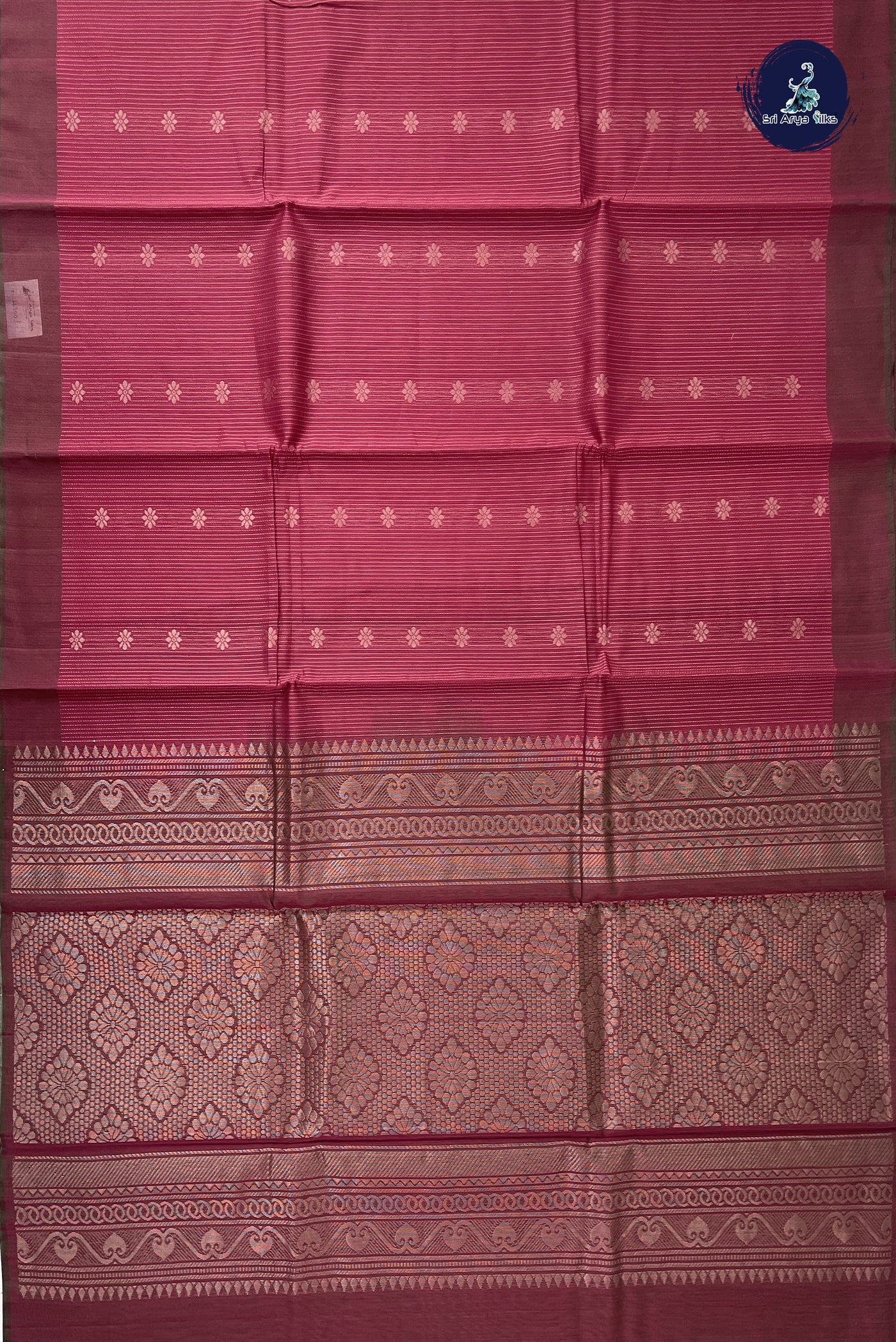 Pinkish Maroon Kora Sico Silk Cotton With Stripes Pattern