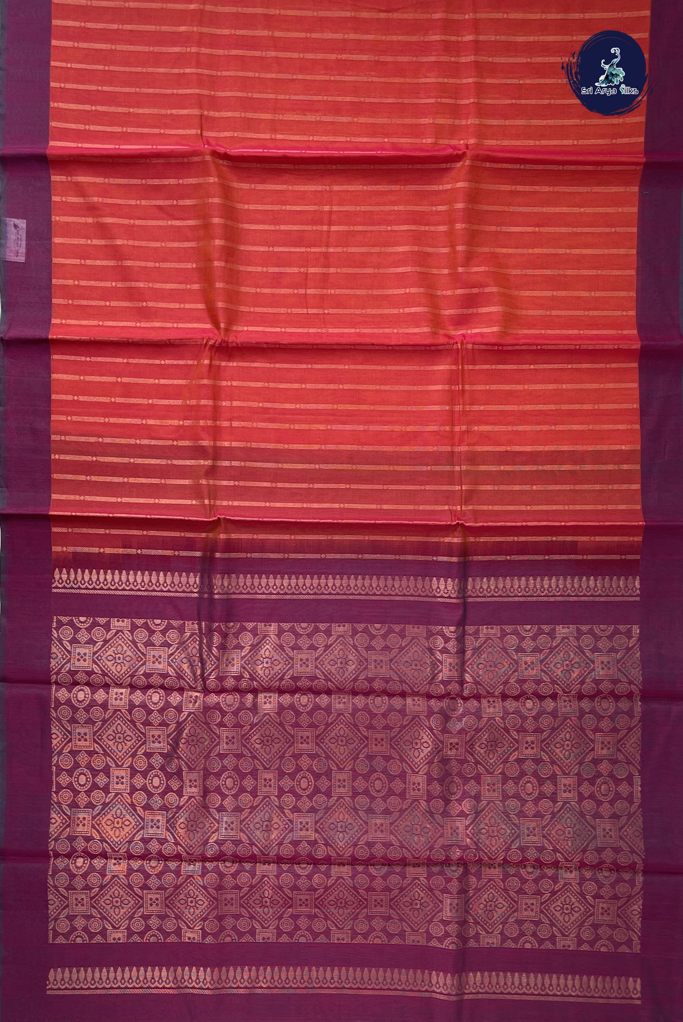 Red Kora Sico Silk Cotton With Stripes Pattern