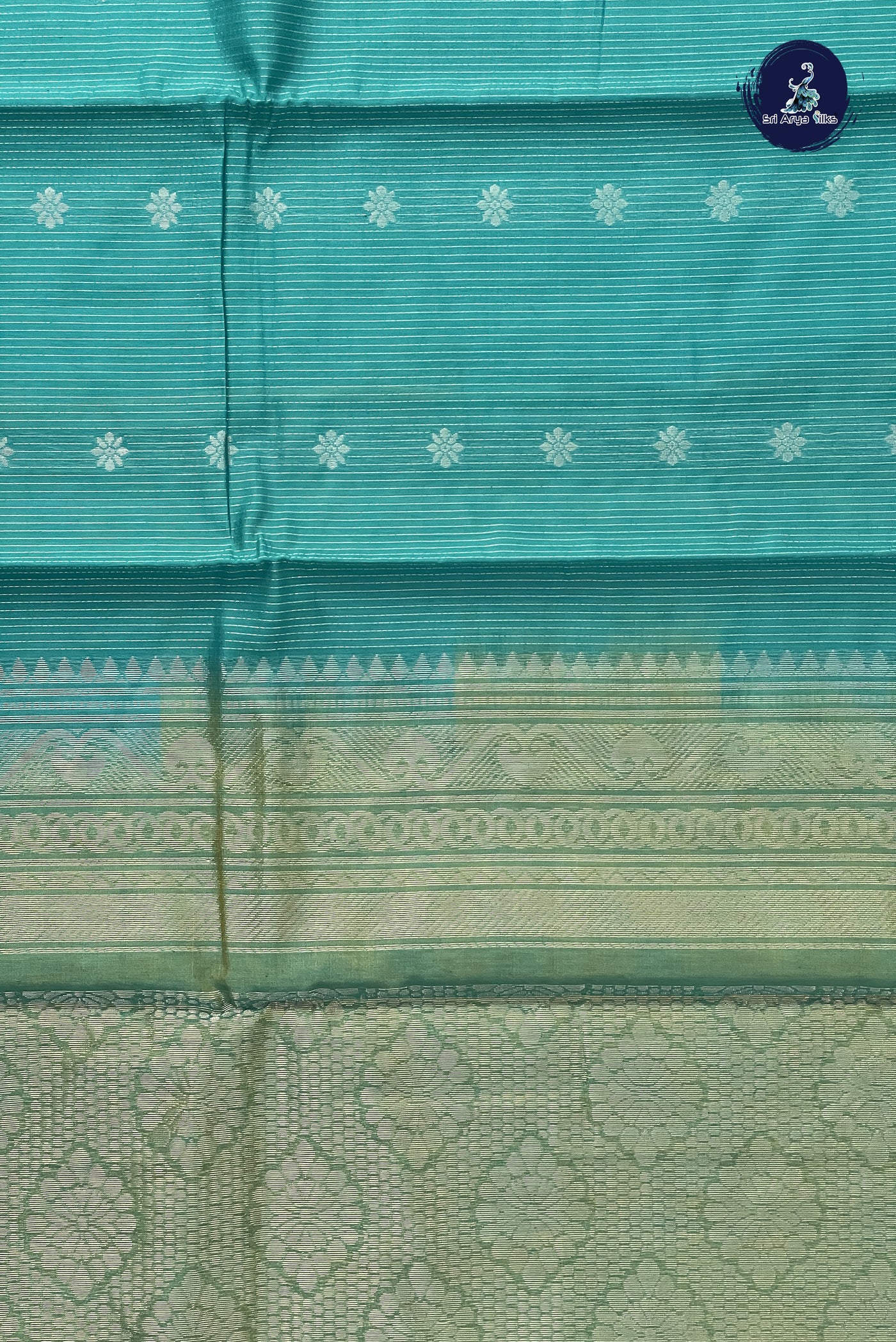 Teal Kora Sico Silk Cotton With Stripes Pattern