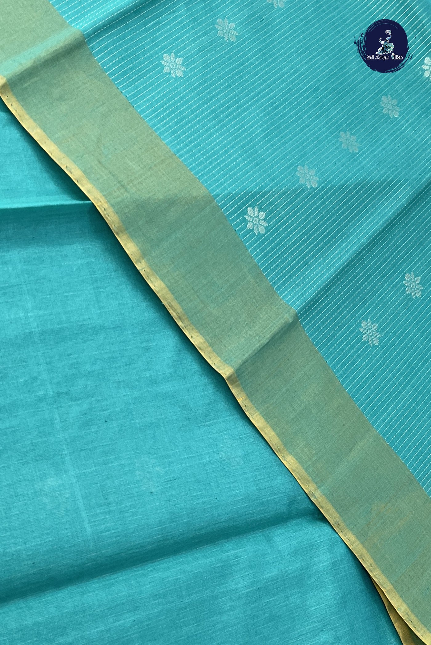 Teal Kora Sico Silk Cotton With Stripes Pattern