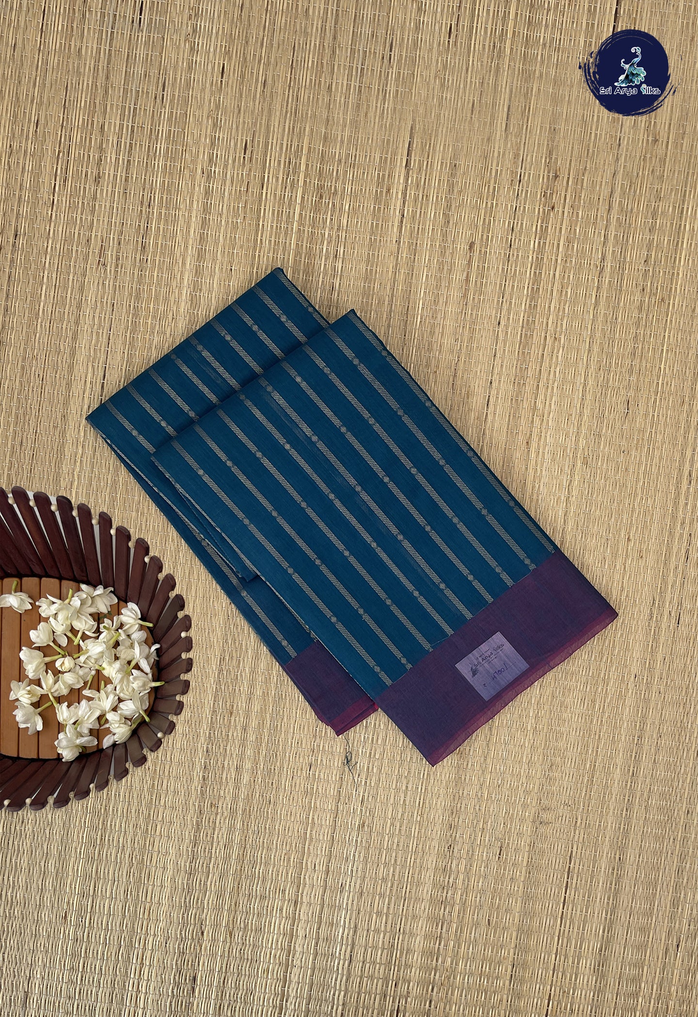 Peacock Blue Kora Sico Silk Cotton With Stripes Pattern
