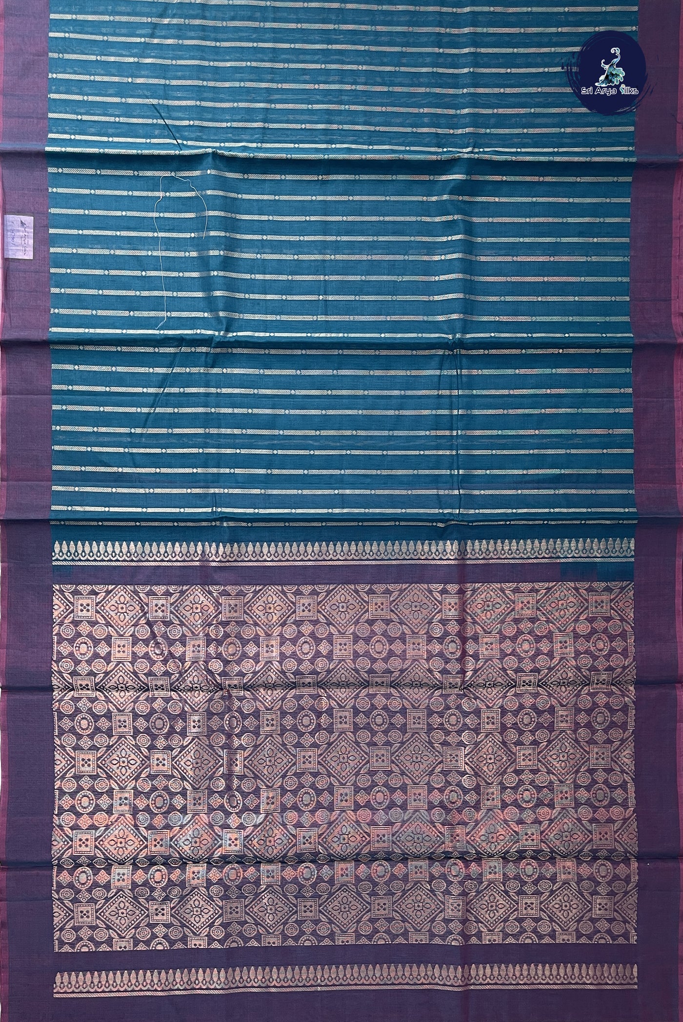 Peacock Blue Kora Sico Silk Cotton With Stripes Pattern