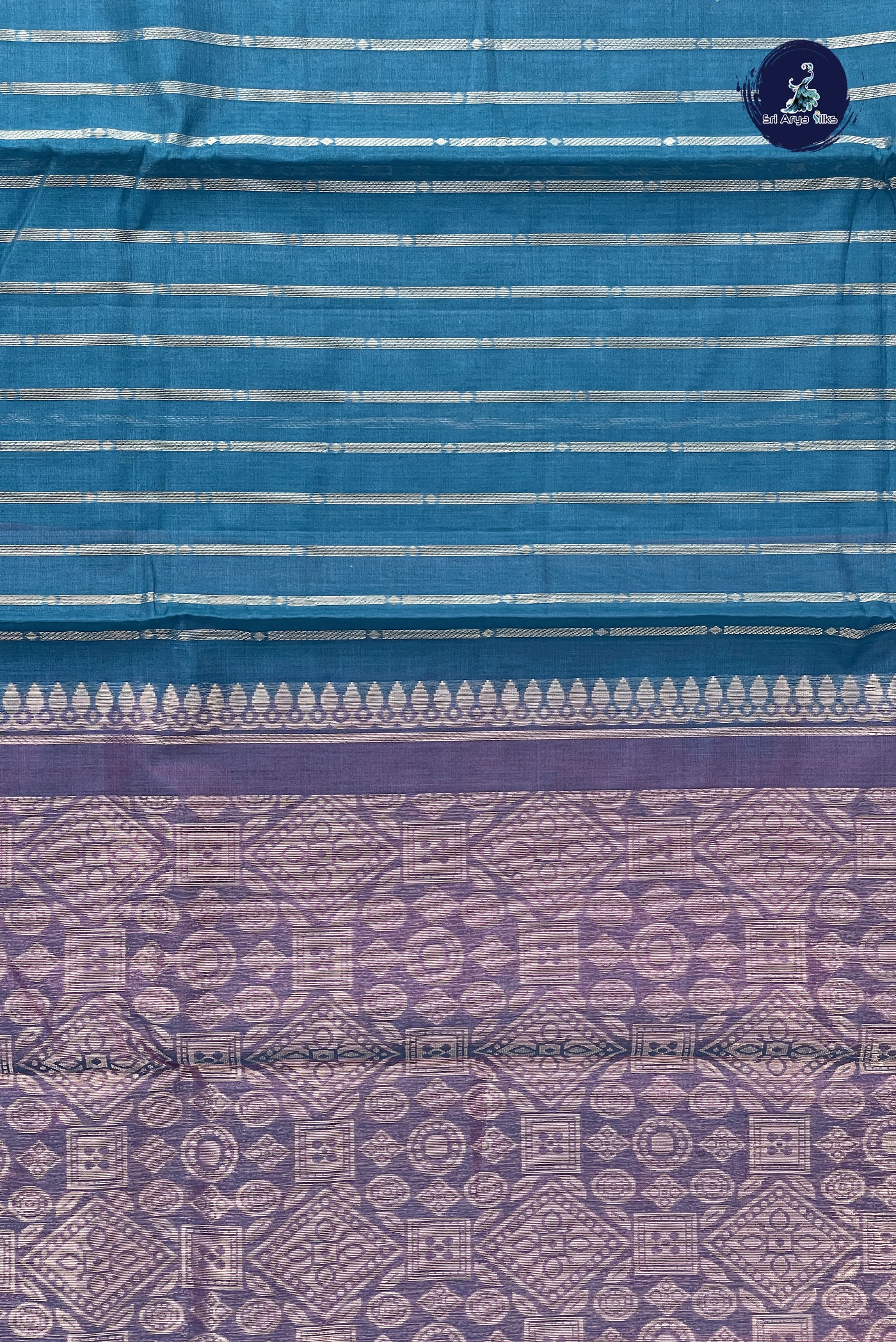 Peacock Blue Kora Sico Silk Cotton With Stripes Pattern