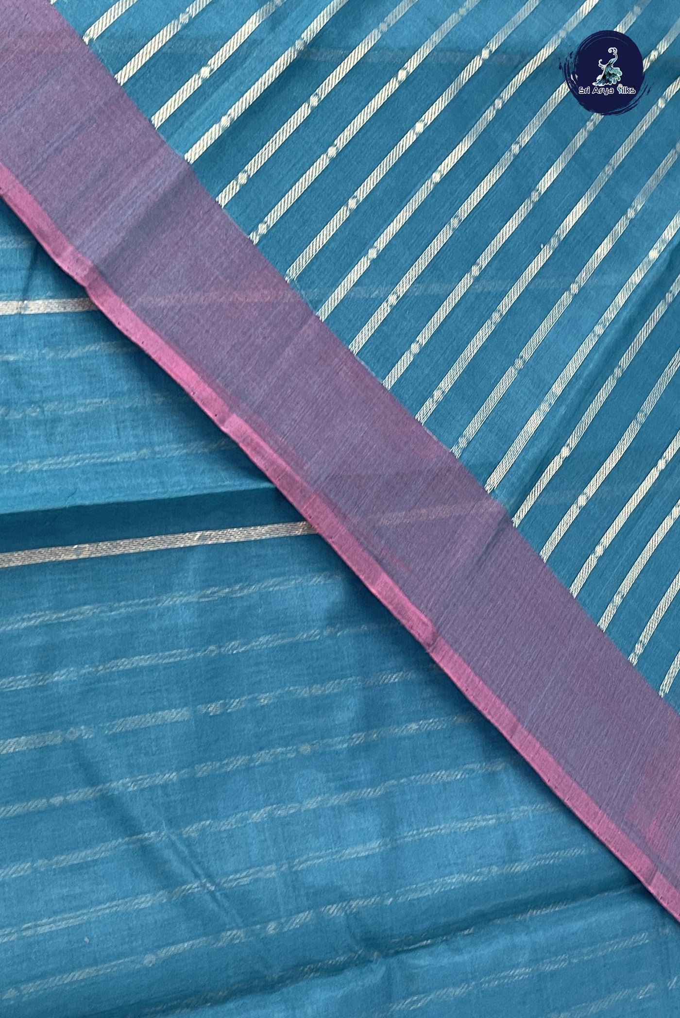 Peacock Blue Kora Sico Silk Cotton With Stripes Pattern