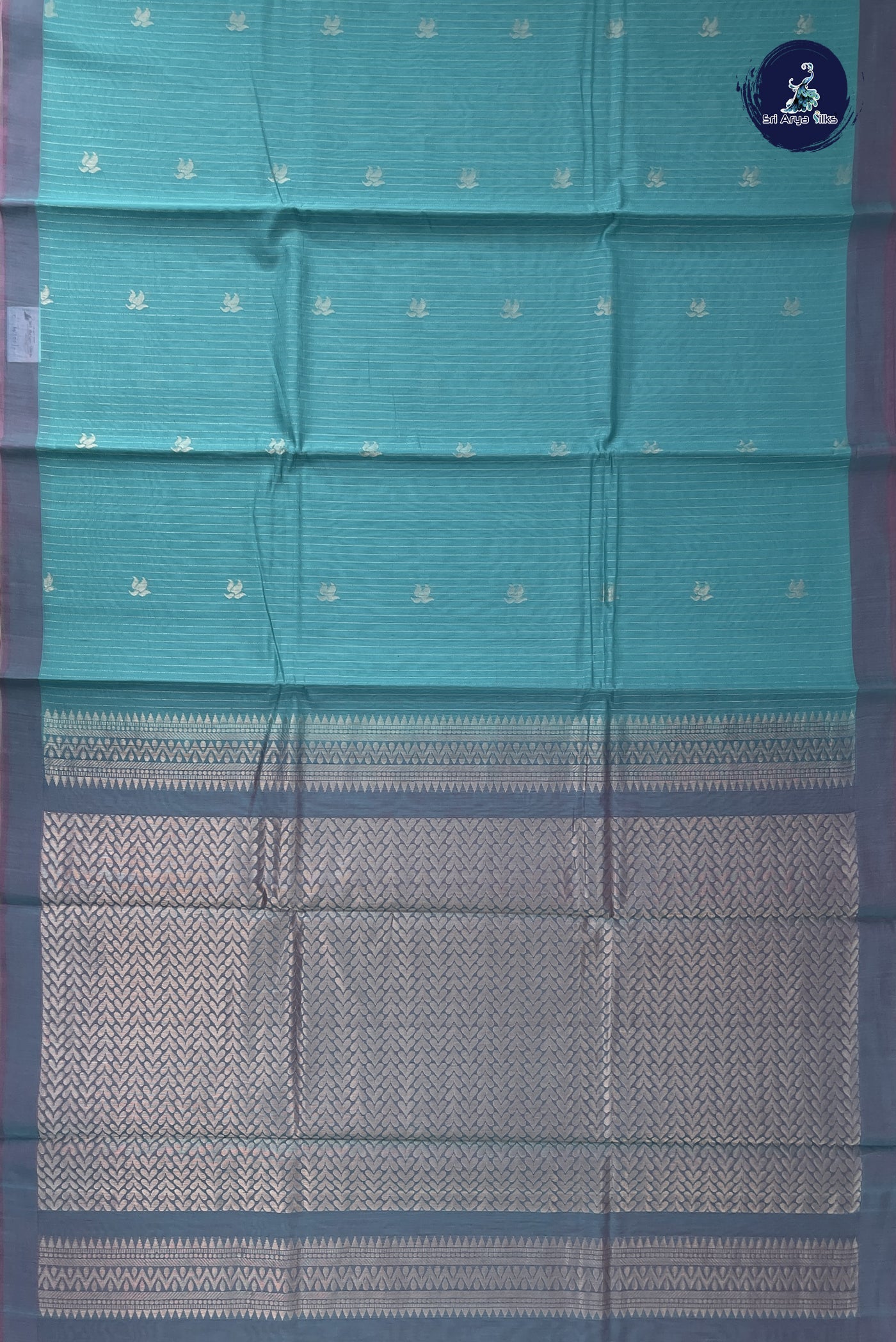 Light Blue Kora Sico Silk Cotton With Stripes Pattern