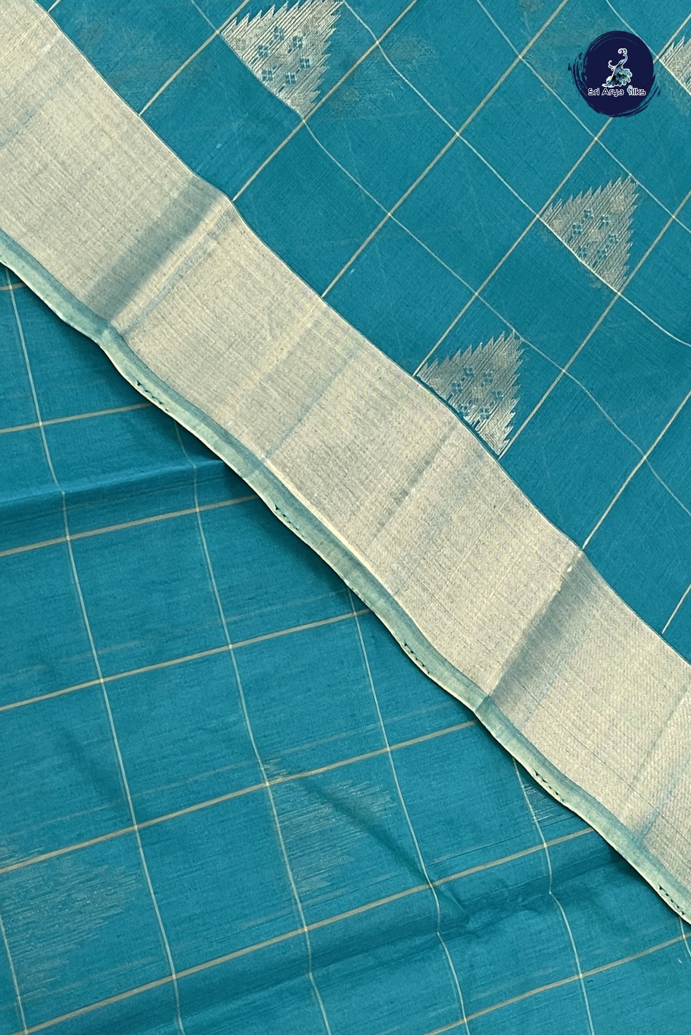 Teal Kora Sico Silk Cotton With Checked Pattern