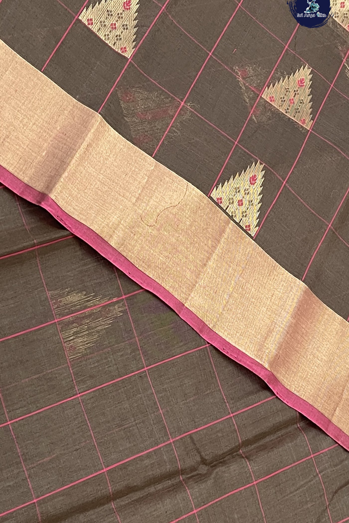 Coffee Brown Kora Sico Silk Cotton With Checked Pattern
