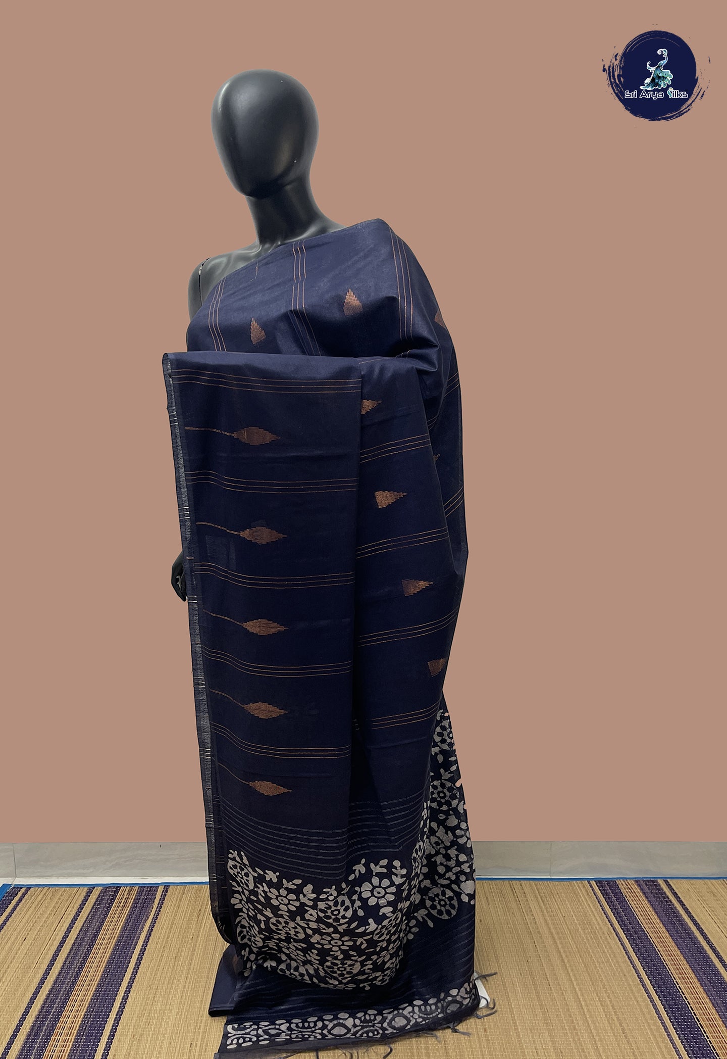 Navy Blue Linen Saree With Copper Zari Buttas Pattern