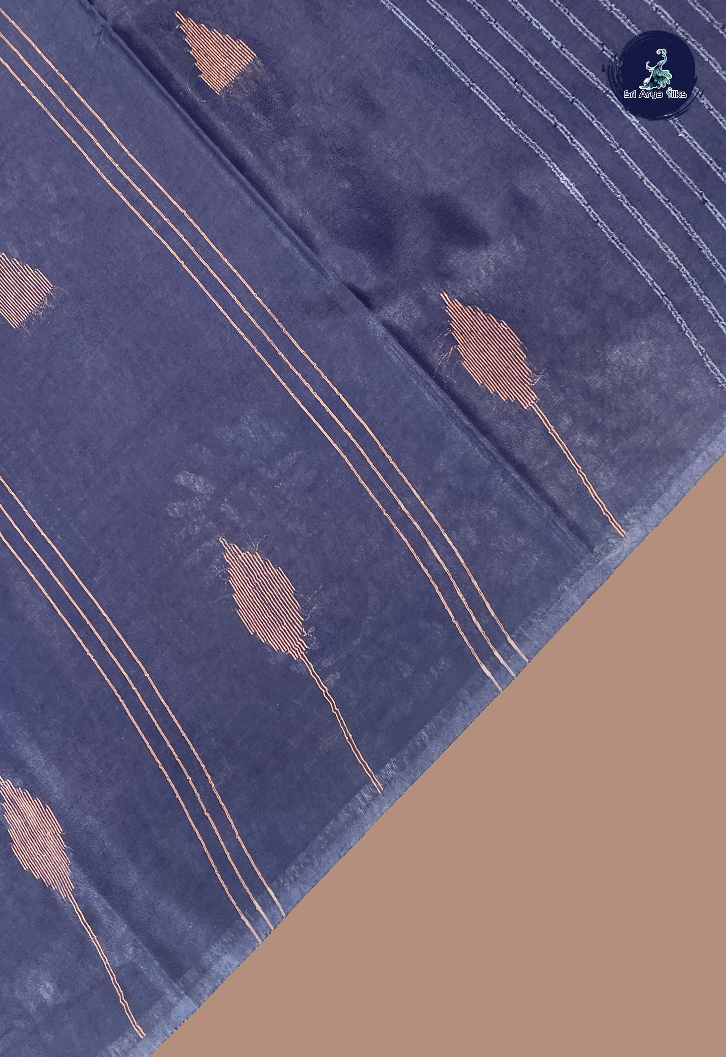 Navy Blue Linen Saree With Copper Zari Buttas Pattern