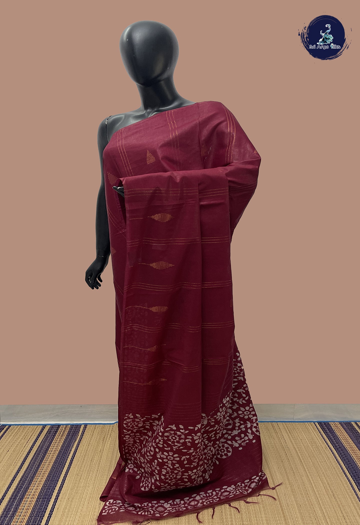 Maroon Linen Saree With Copper Zari Buttas Pattern