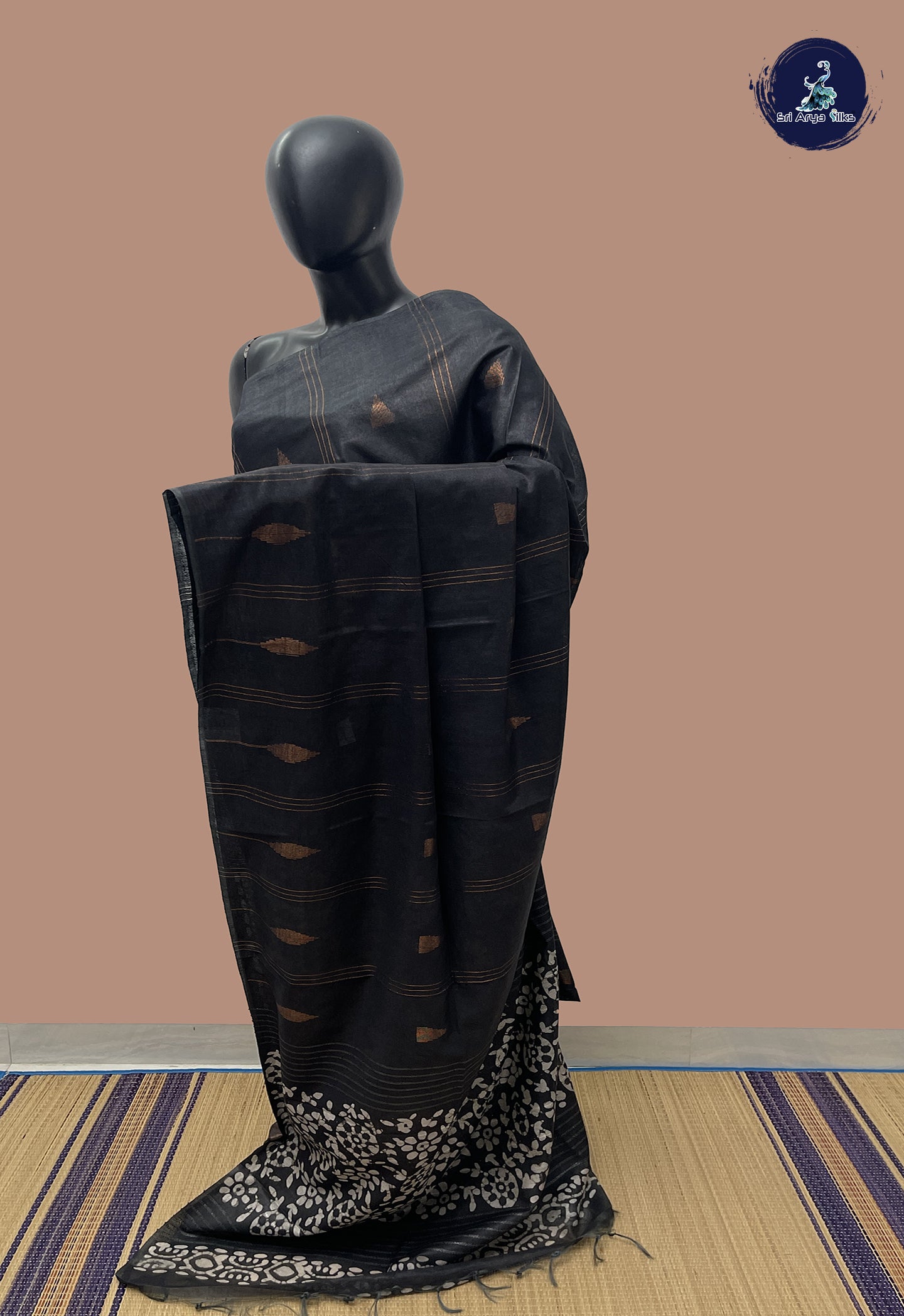 Black Linen Saree With Copper Zari Buttas Pattern