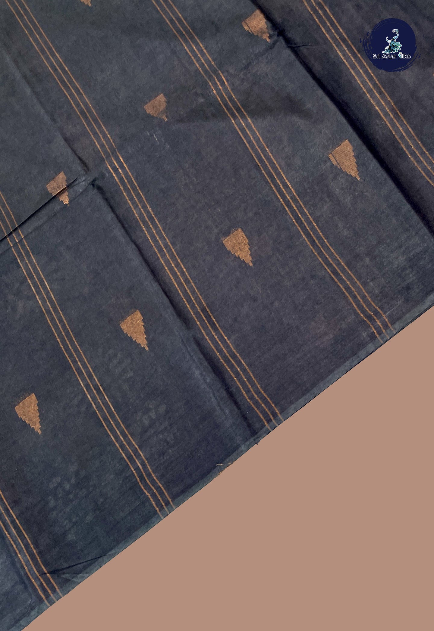 Black Linen Saree With Copper Zari Buttas Pattern