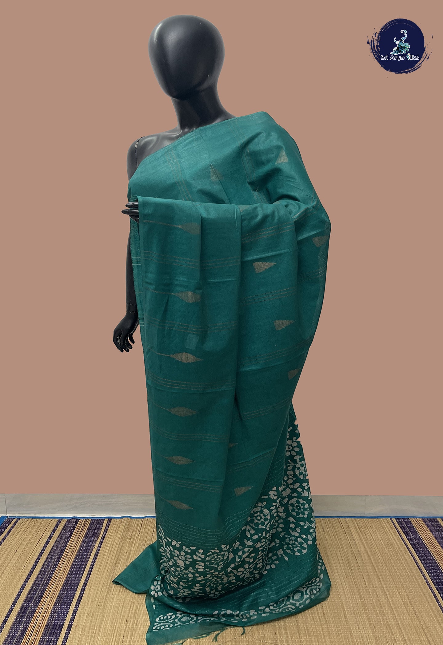 Green Linen Saree With Copper Zari Buttas Pattern
