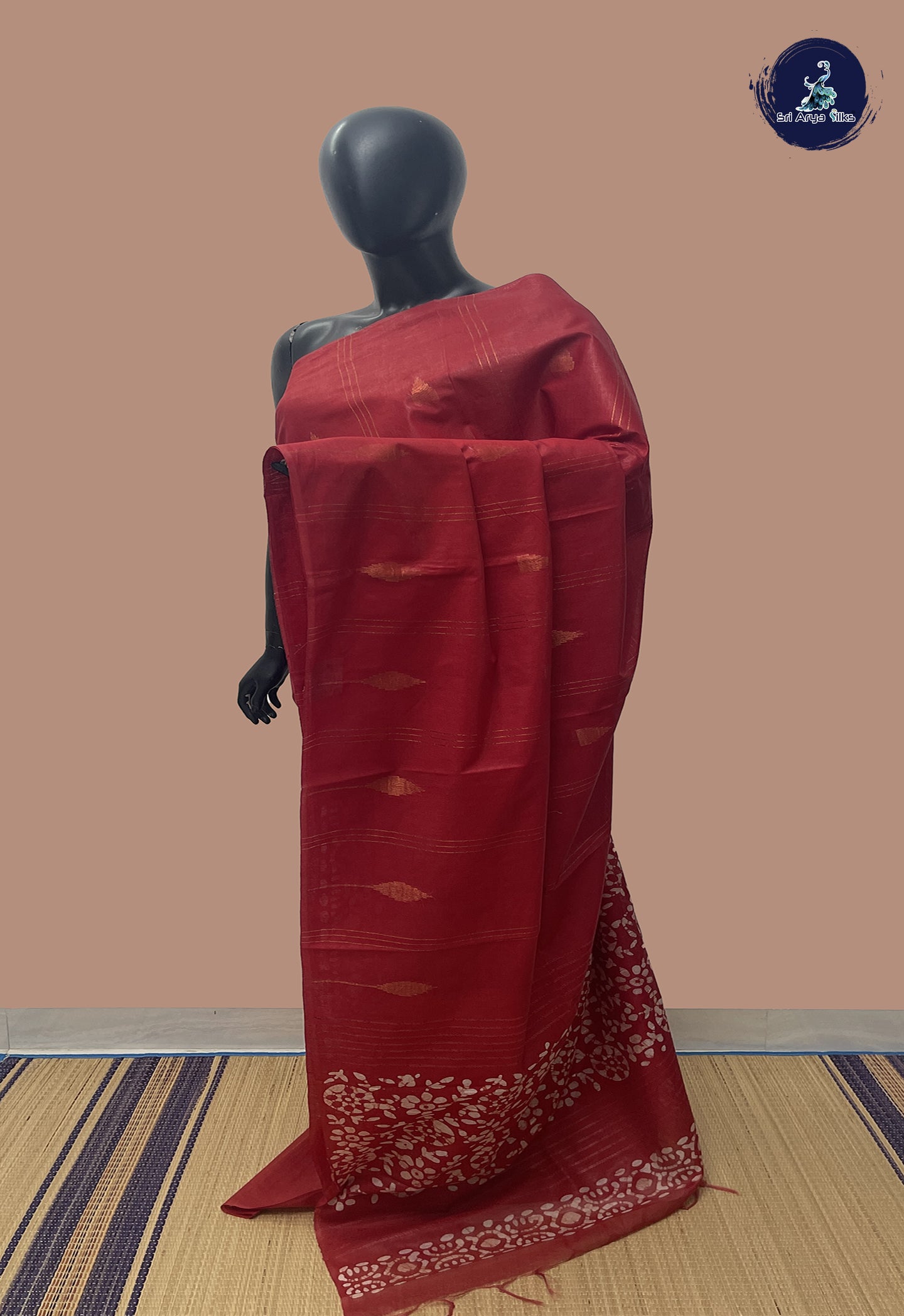 Red Linen Saree With Copper Zari Buttas Pattern