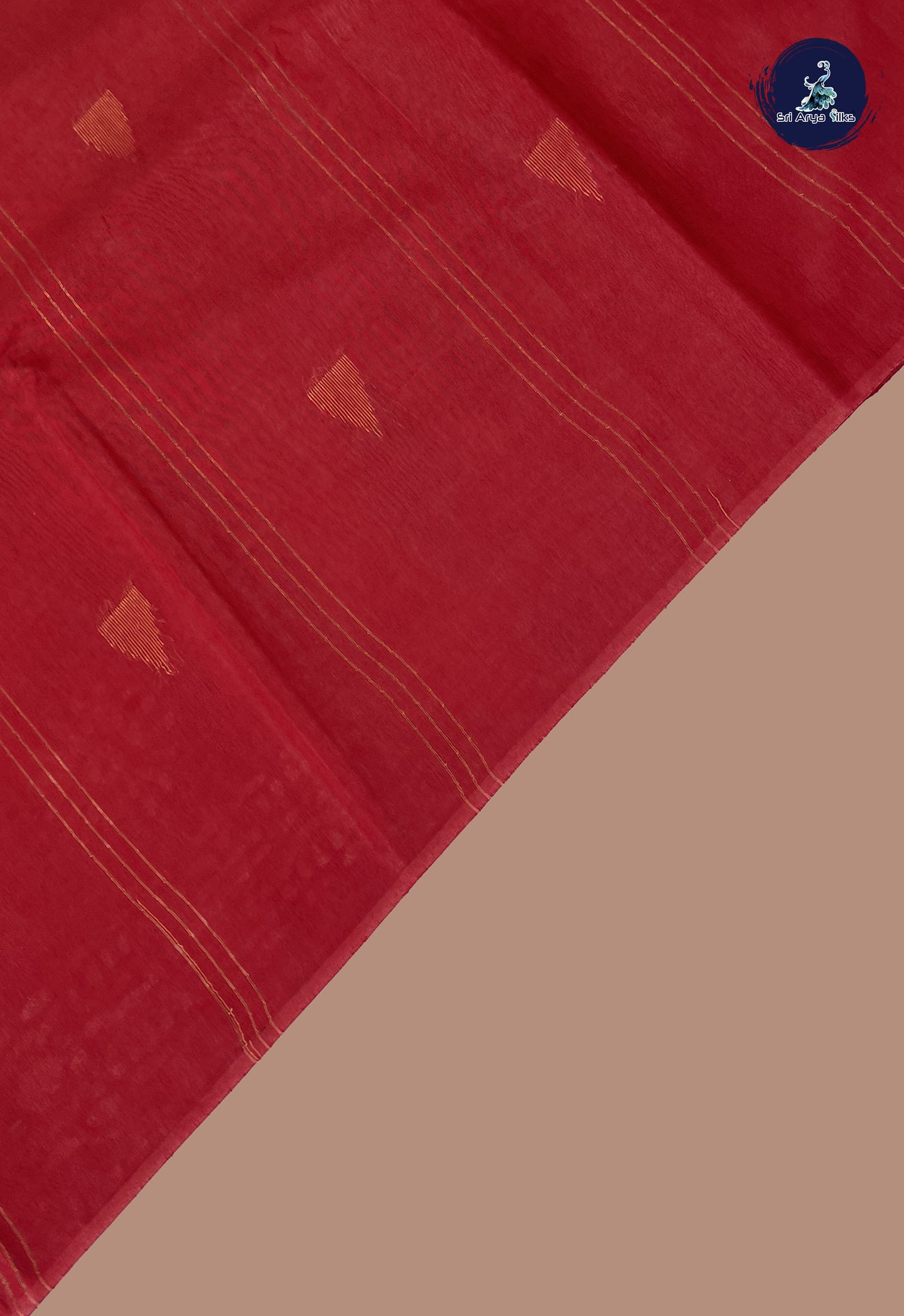 Red Linen Saree With Copper Zari Buttas Pattern
