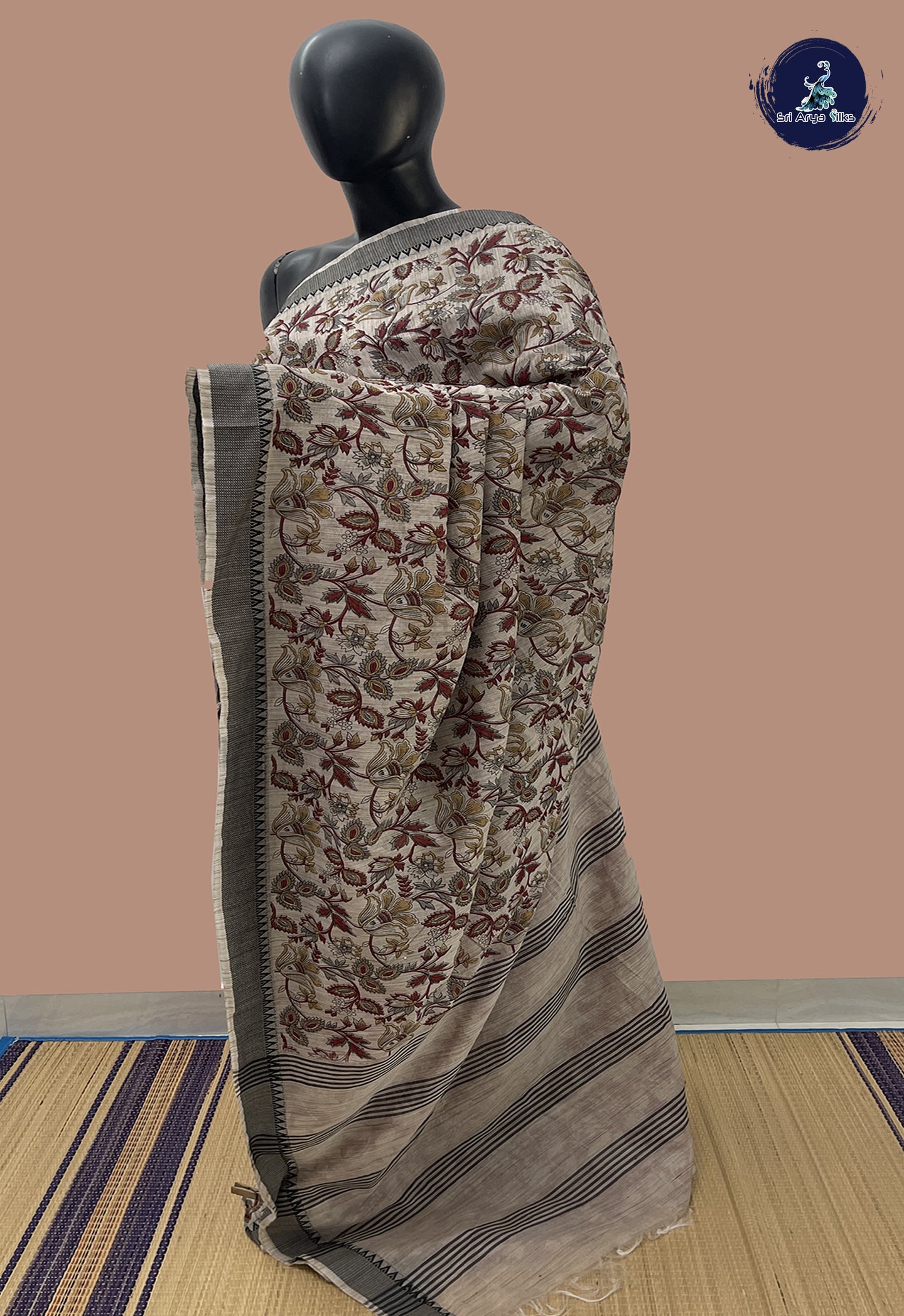 Ivory Jute Saree With Printed Pattern