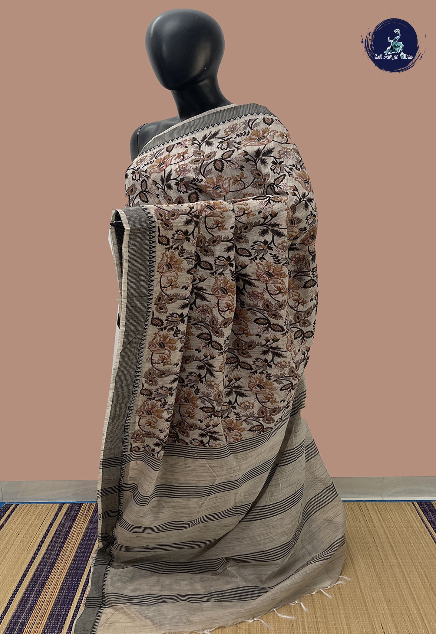 Ivory Jute Saree With Printed Pattern