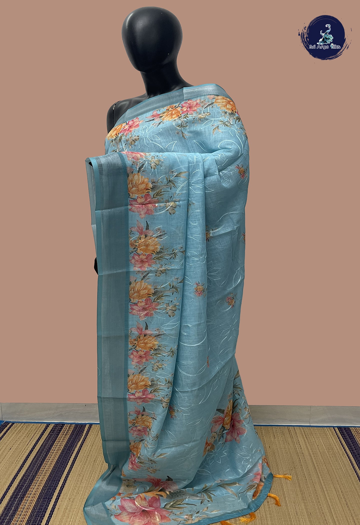 Powder Blue Linen Saree With Embroidery Pattern