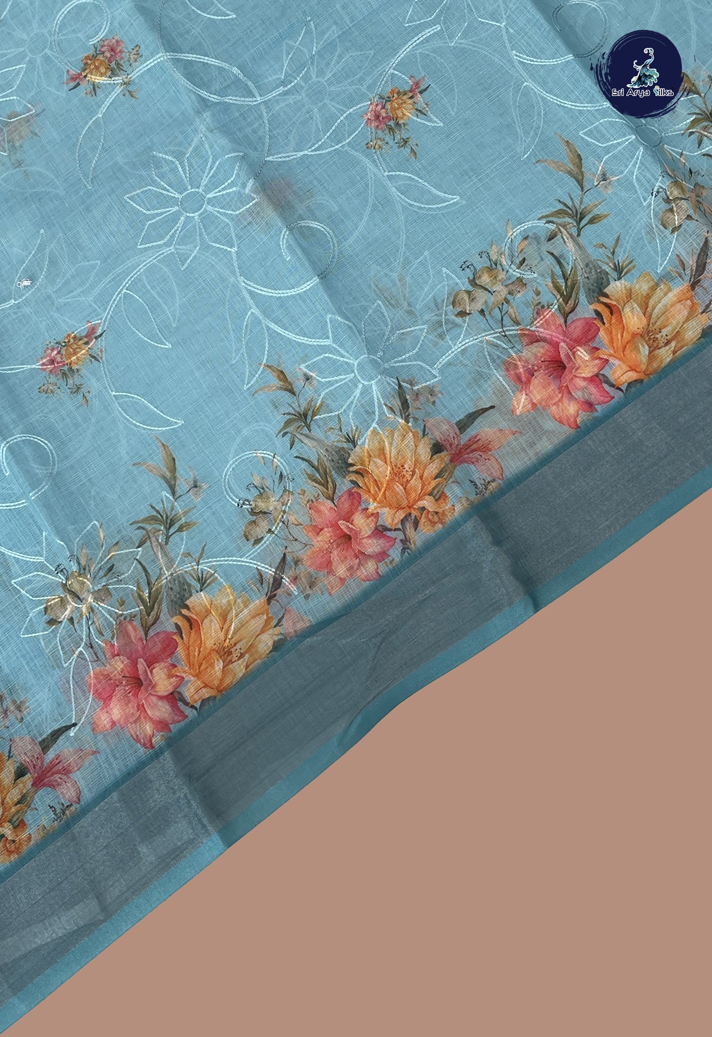 Powder Blue Linen Saree With Embroidery Pattern