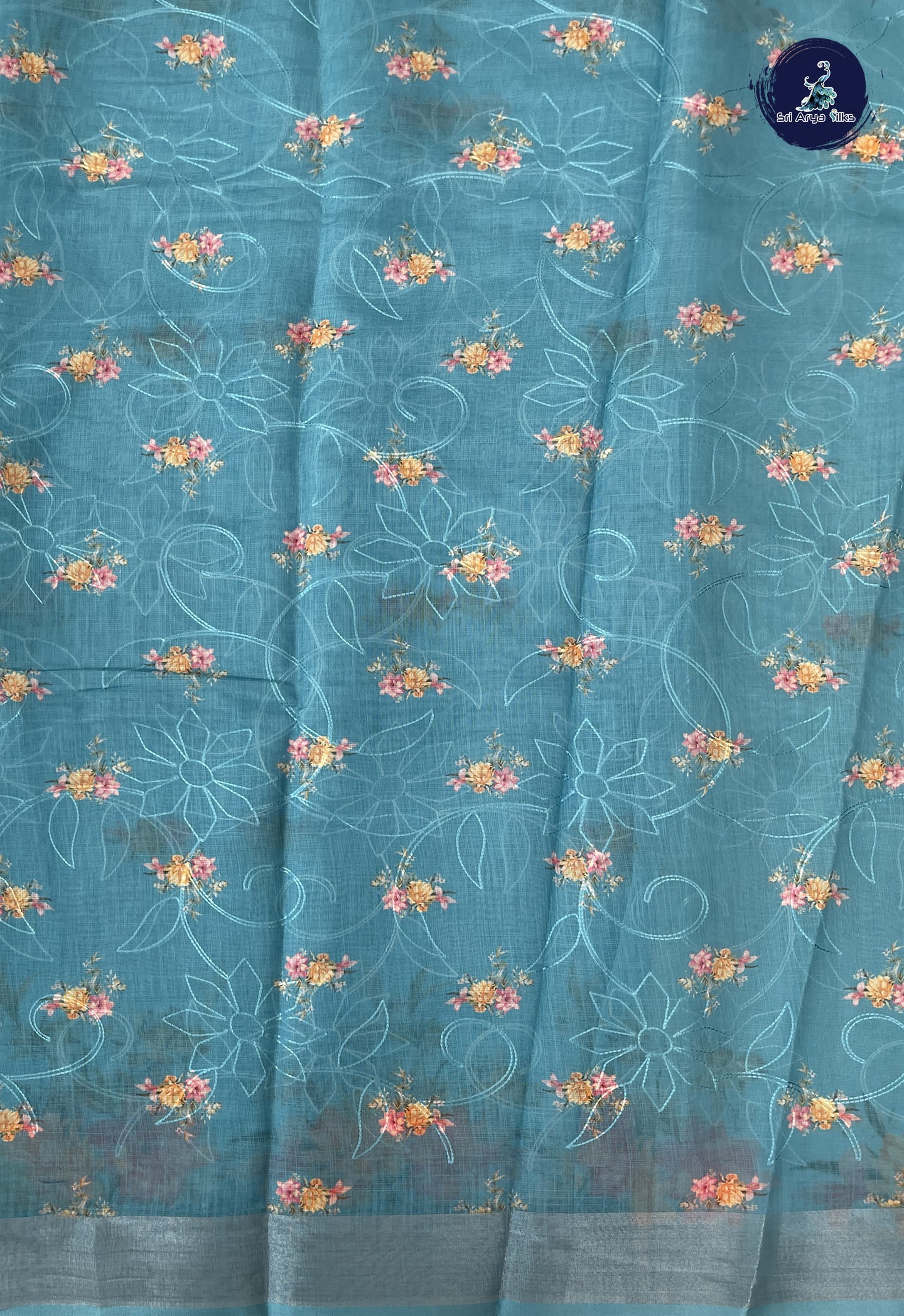 Powder Blue Linen Saree With Embroidery Pattern