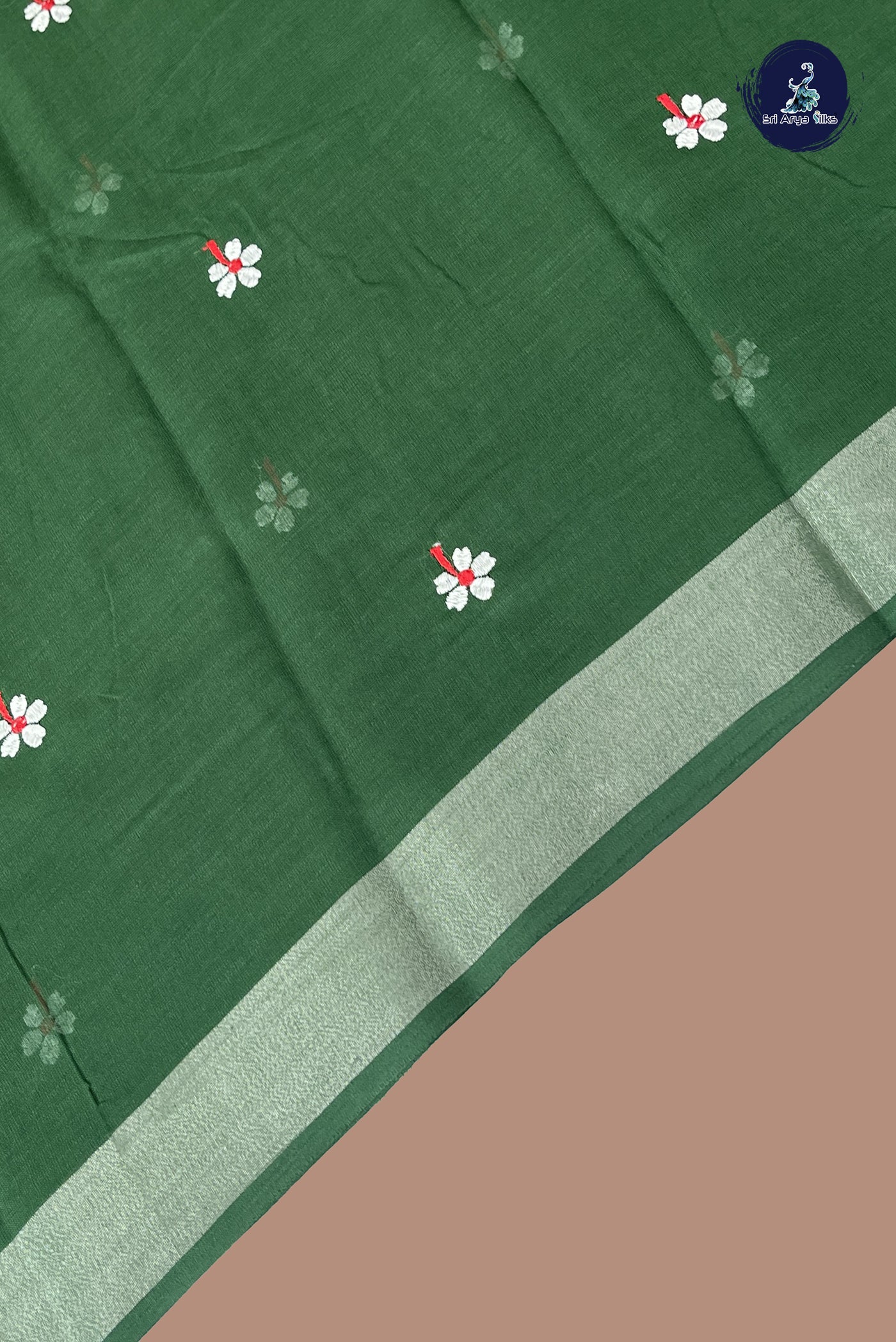 Dark Green Linen Saree With Thread Work Pattern