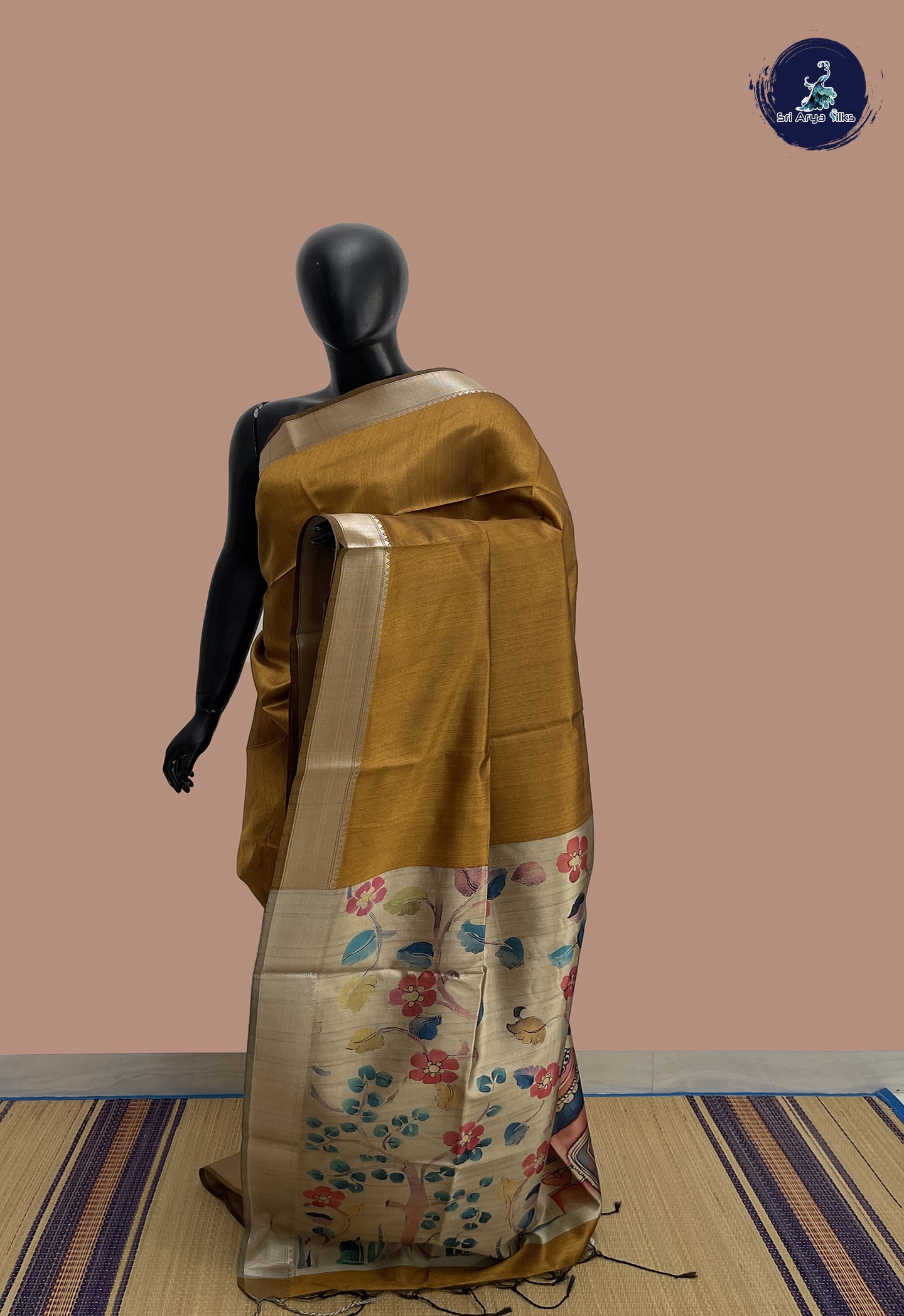 Golden Mustard Semi Raw Silk Saree With Plain Pattern