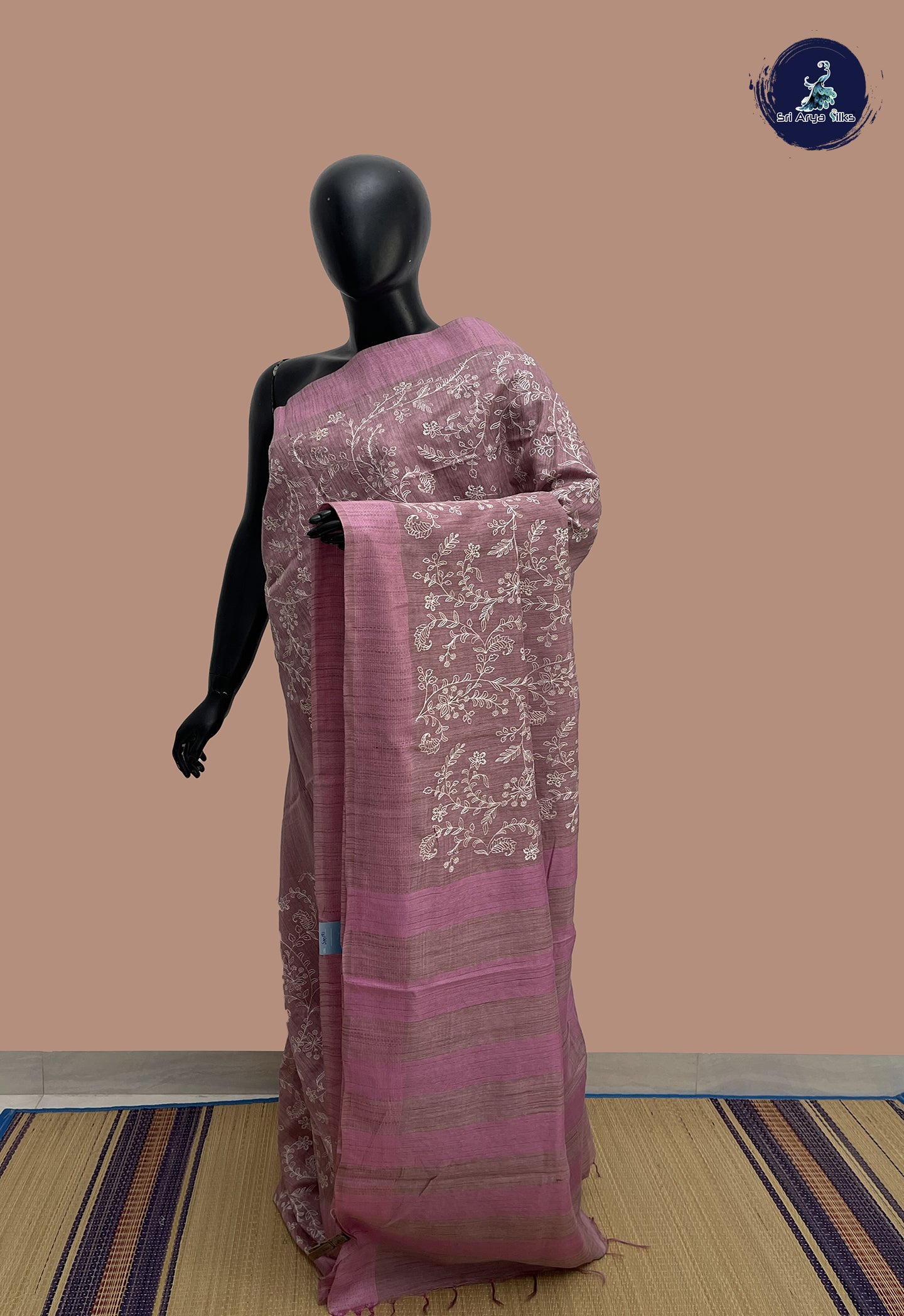 Mauve Pink Semi Tussar Saree With Thread Work Pattern