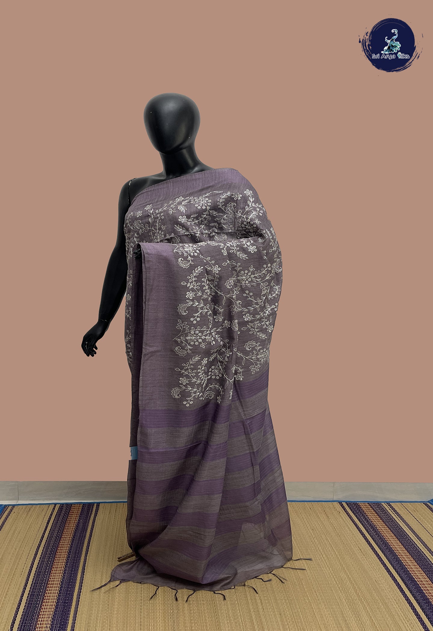 Greyish Lavender Semi Tussar Saree With Thread Work Pattern