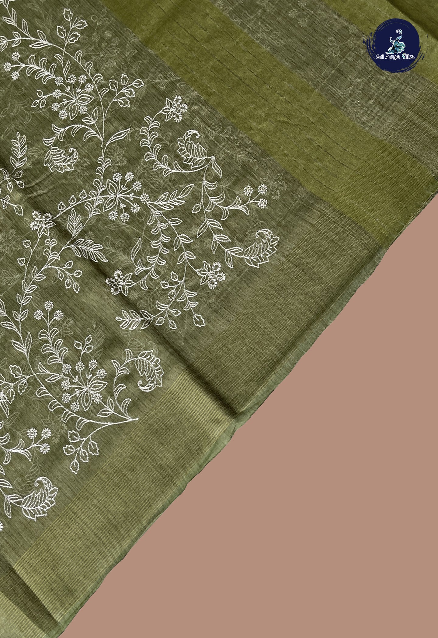 Military Green Semi Tussar Saree With Thread Work Pattern